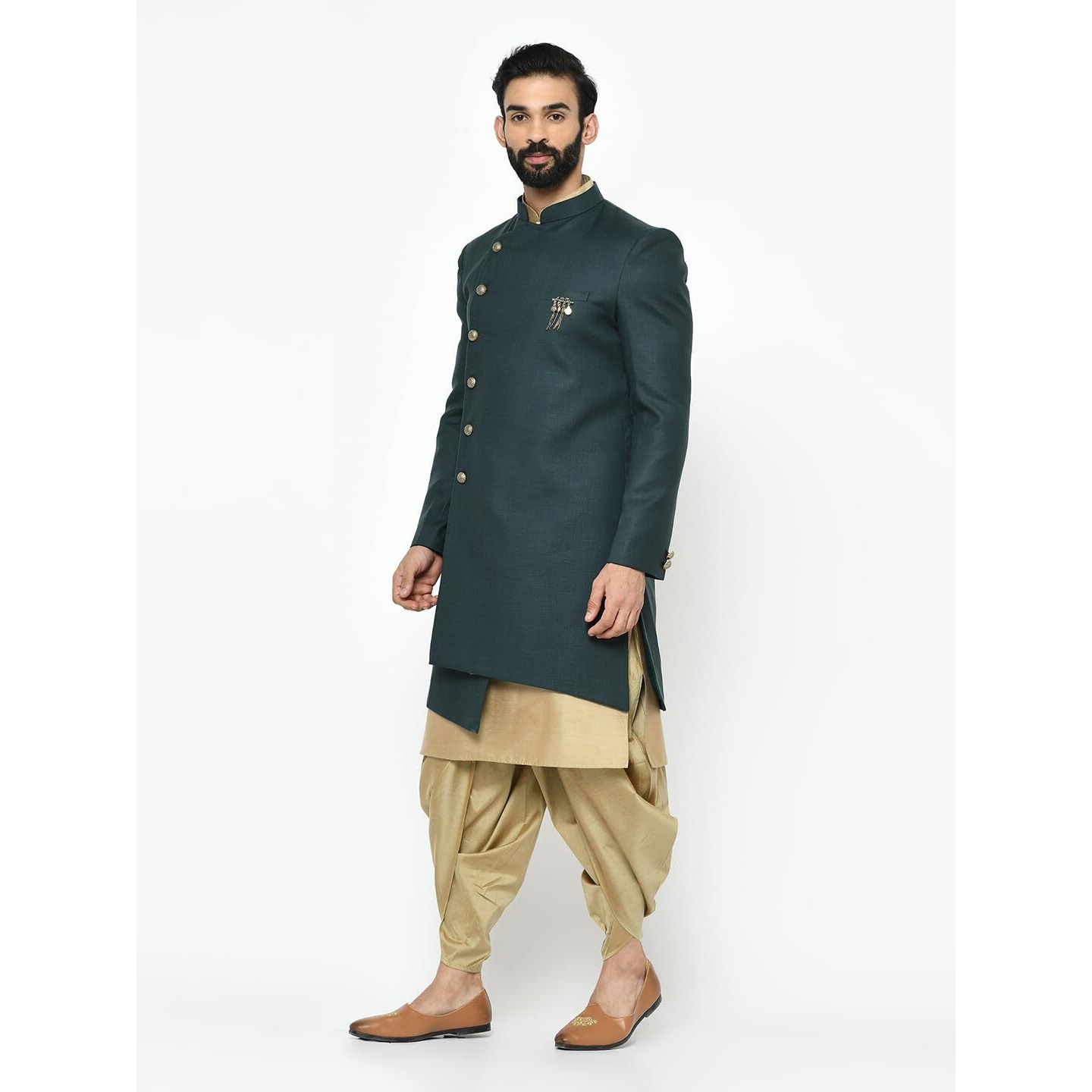 Kisah Men's Kurta Sherwani Churidar Set Indo-Western, Green Silk Blend, Woven Design Regular Fit Mandarin Collar Full Sleeves (38)