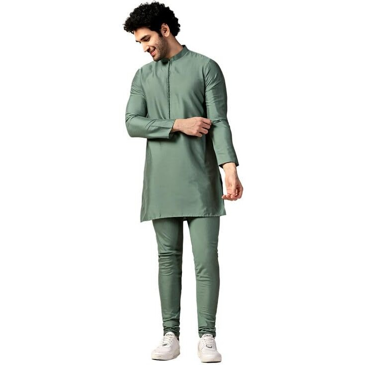 Kisah Men's Kurta Churidar Set, Green Cotton Blend, Solid Regular Fit Long Sleeves Mandarin Collar (42)