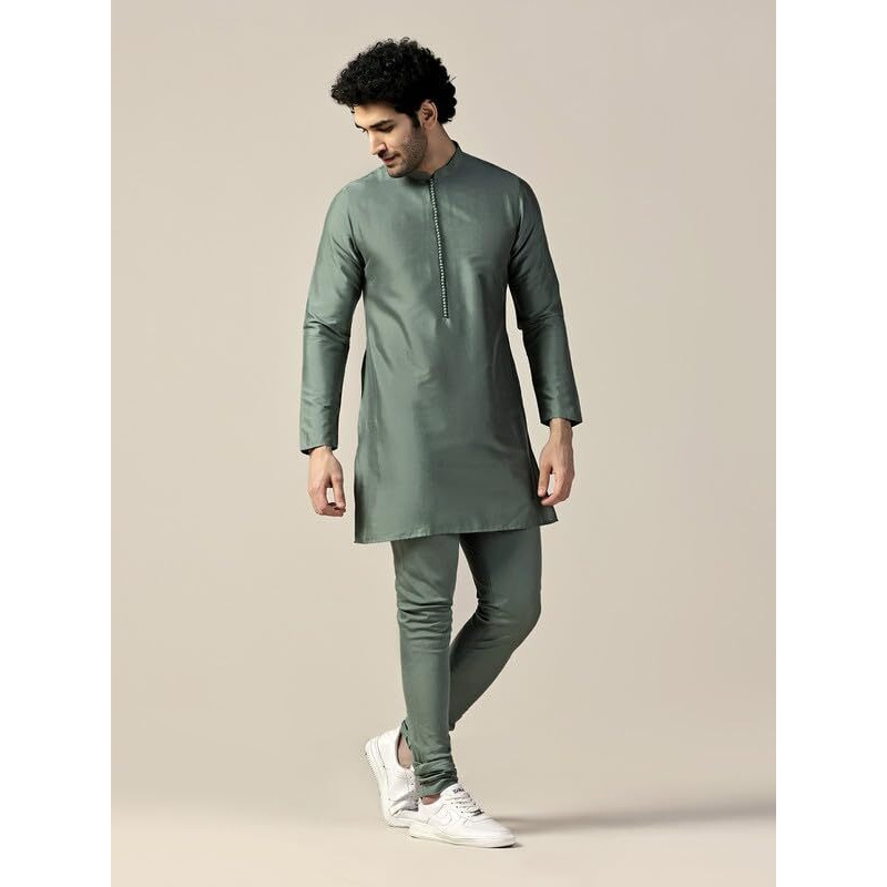 Kisah Men's Kurta Churidar Set, Green Cotton Blend, Solid Regular Fit Long Sleeves Mandarin Collar (42)
