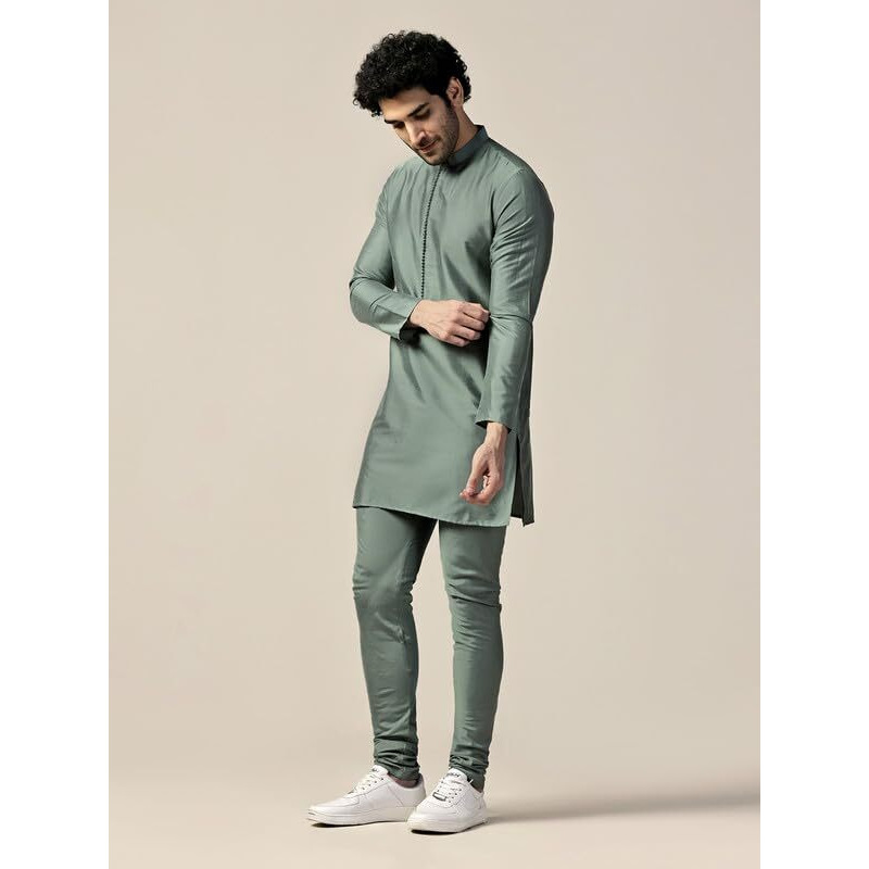 Kisah Men's Kurta Churidar Set, Green Cotton Blend, Solid Regular Fit Long Sleeves Mandarin Collar (42)