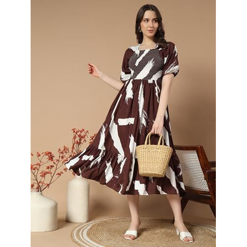 Kzully Women's Crepe A-Line Midi Dress (1001-Brush-Coffee-Xxl_Brown