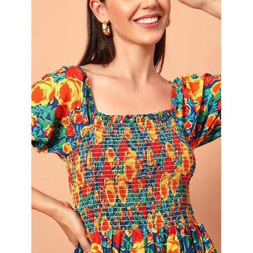 Kzully Women's Rayon Smocked Midi Dress (1003-Orange-Xs_Orange