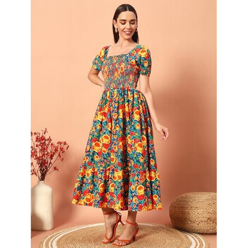Kzully Women's Rayon Smocked Midi Dress (1003-Orange-Xs_Orange