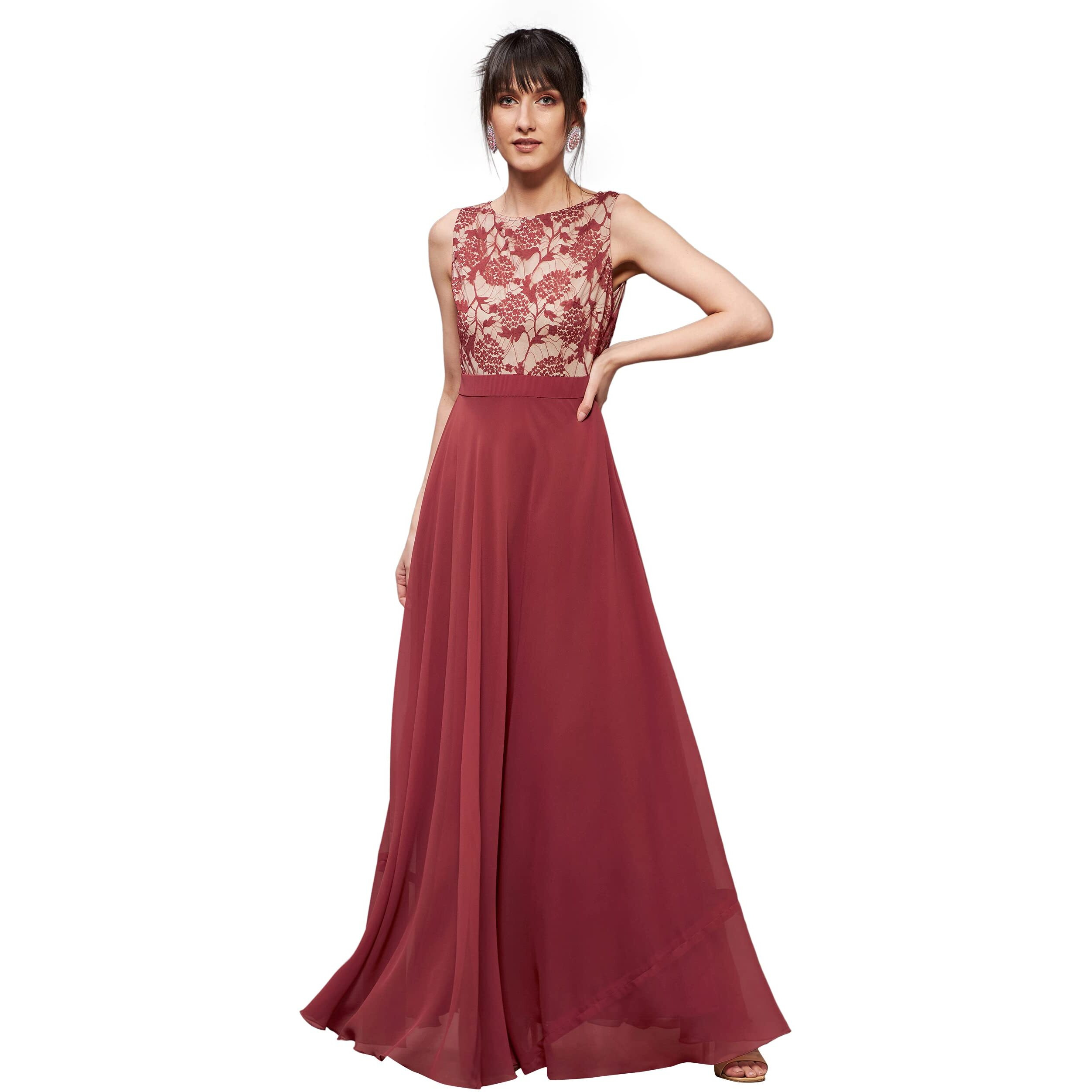 Miss Chase Women's Round Neck Sleeveless Georgette Floral Lace Fit & Flare Maxi Dress