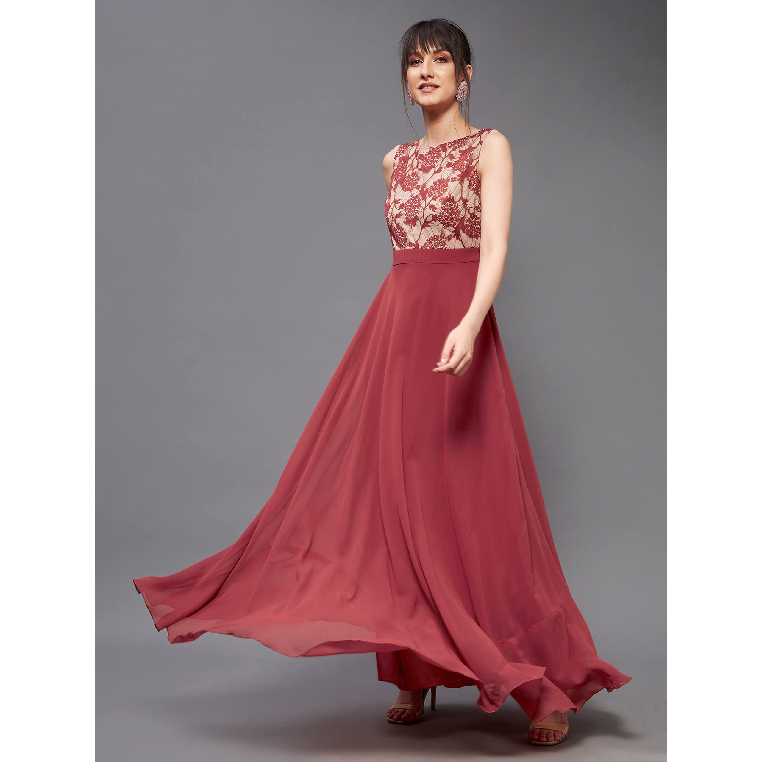 Miss Chase Women's Round Neck Sleeveless Georgette Floral Lace Fit & Flare Maxi Dress