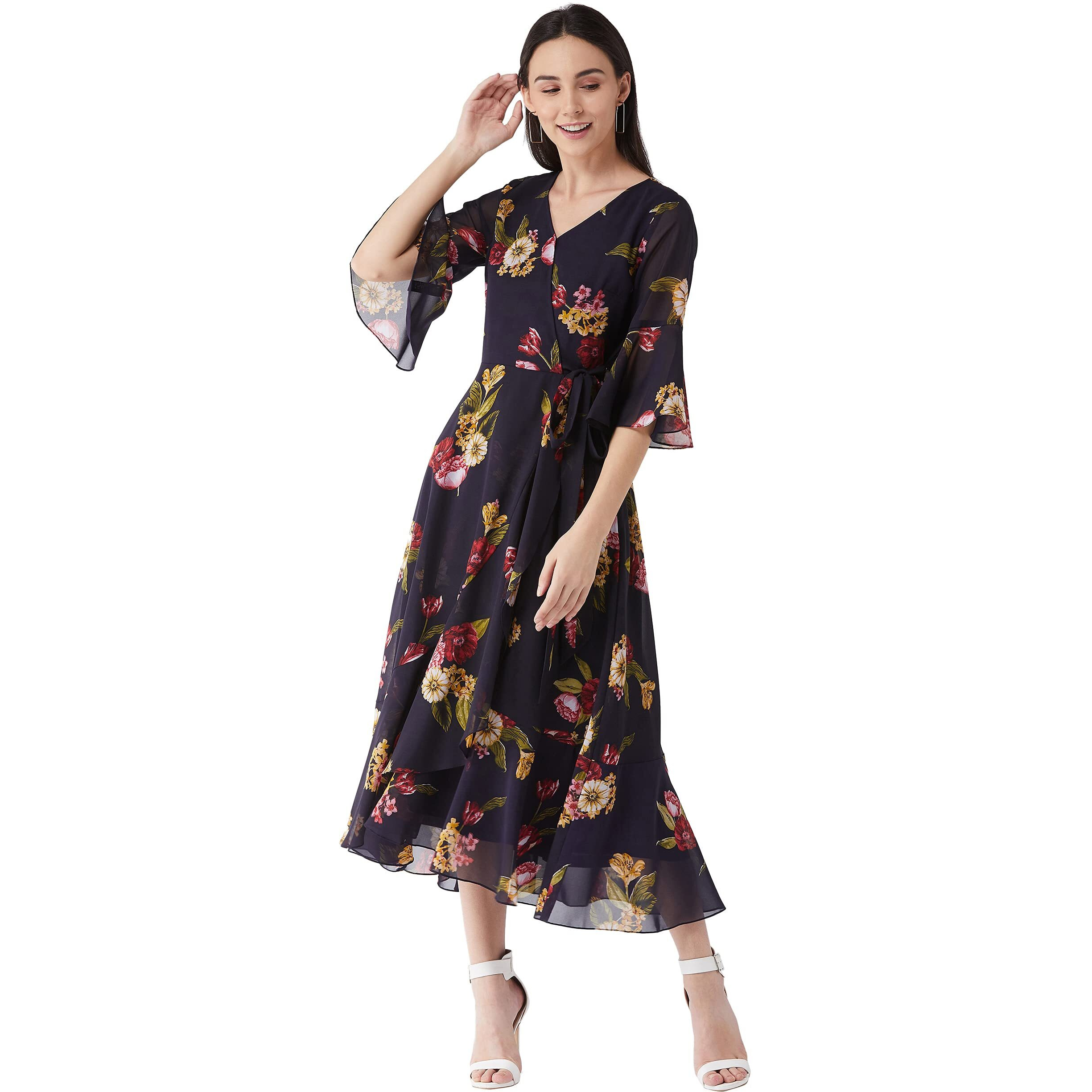 Miss Chase Women's Multicolored- Base- Navy Blue V Neck 3/4Th Sleeve Floral Ruffled Maxi Dress (Mcaw21D06-13-224-05,Multicolored- Base- Navy Blue,L)