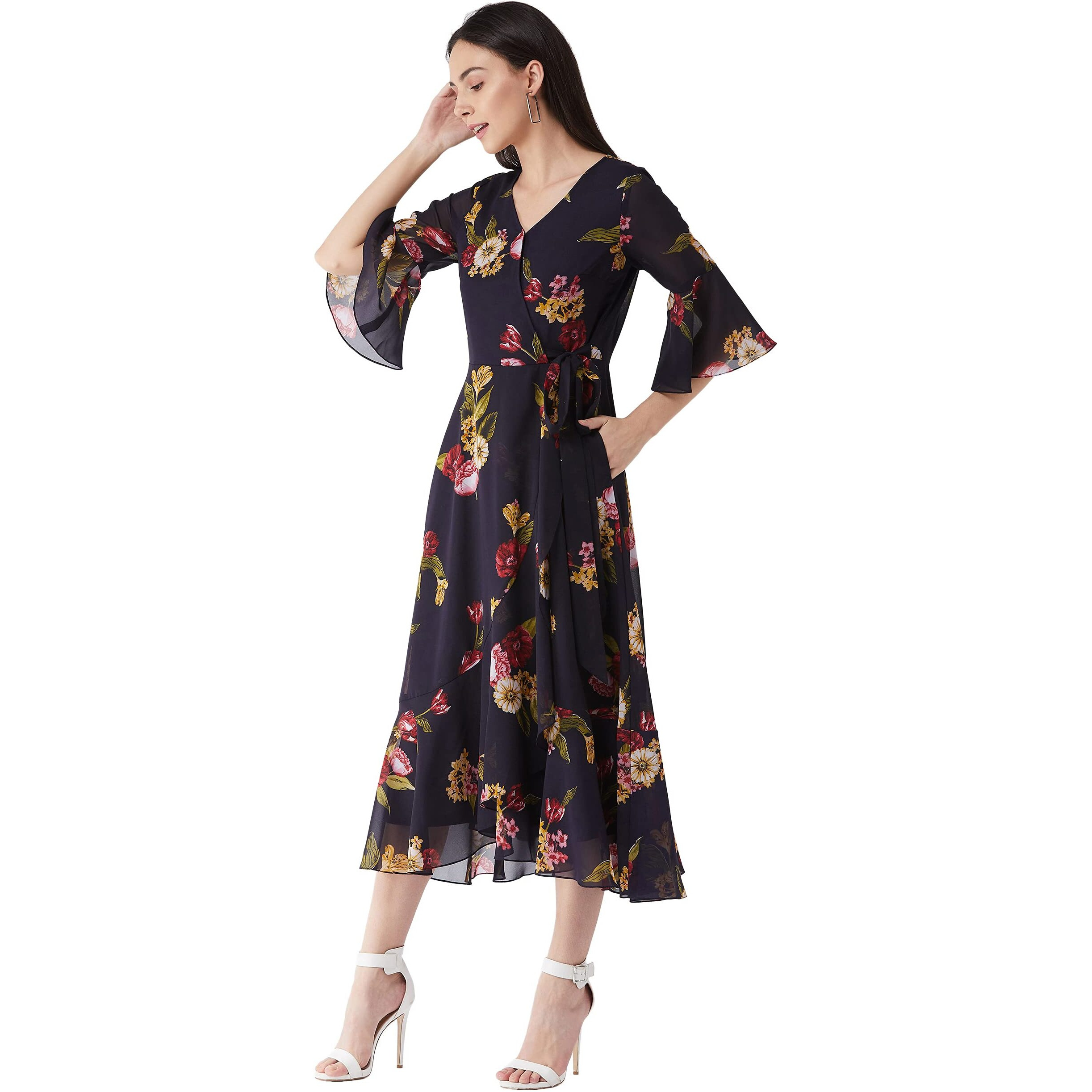 Miss Chase Women's Multicolored- Base- Navy Blue V Neck 3/4Th Sleeve Floral Ruffled Maxi Dress (Mcaw21D06-13-224-05,Multicolored- Base- Navy Blue,L)