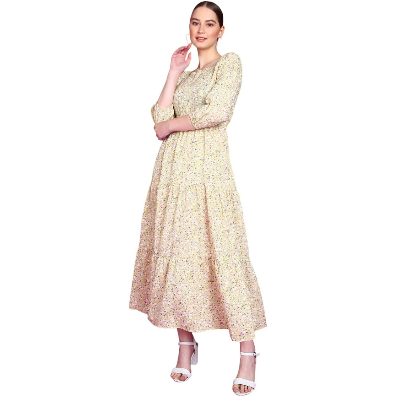 Popwings Polyester Fit And Flare Maxi Women Dress (B0Cgdghnv3_Lemon Yellow