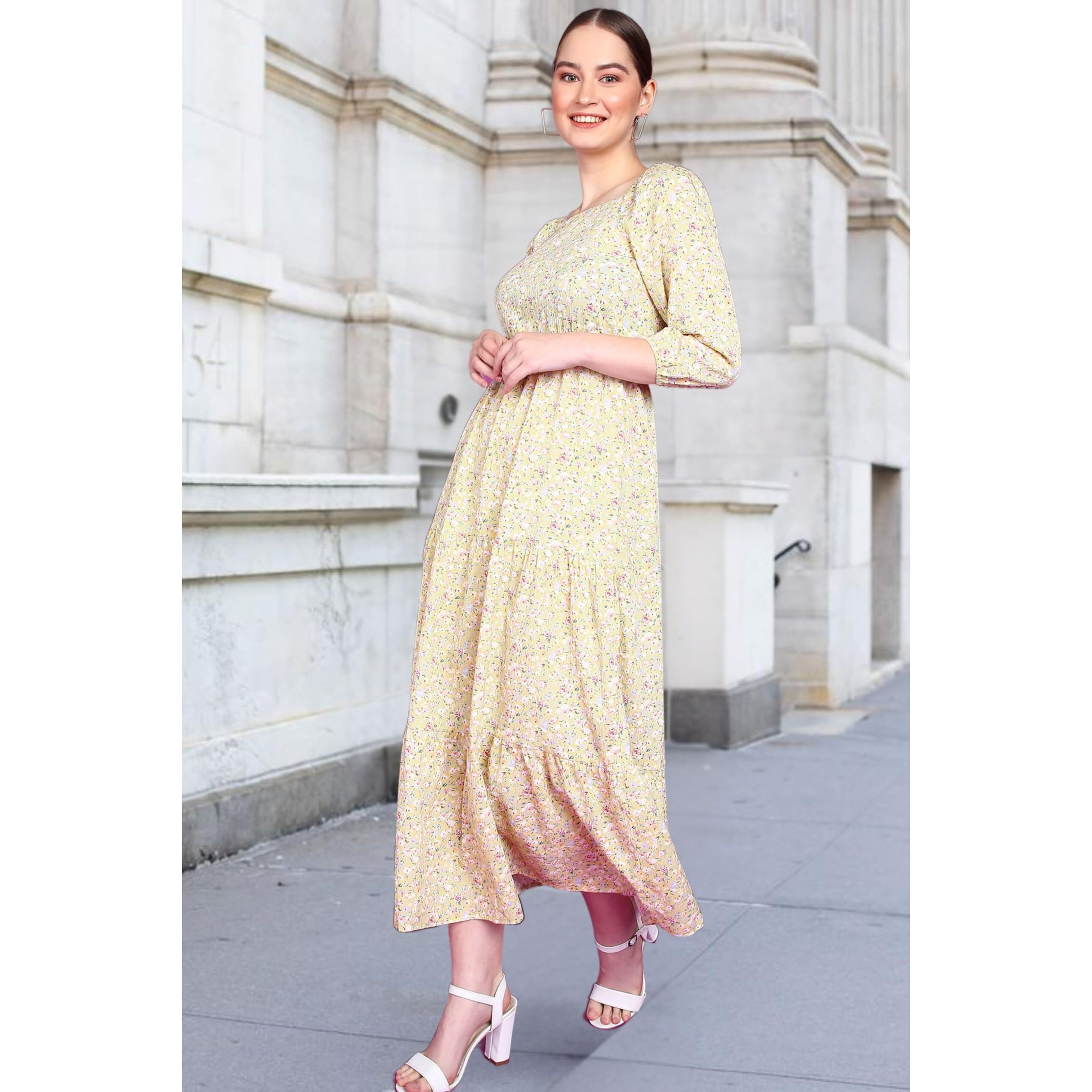 Popwings Polyester Fit And Flare Maxi Women Dress (B0Cgdghnv3_Lemon Yellow