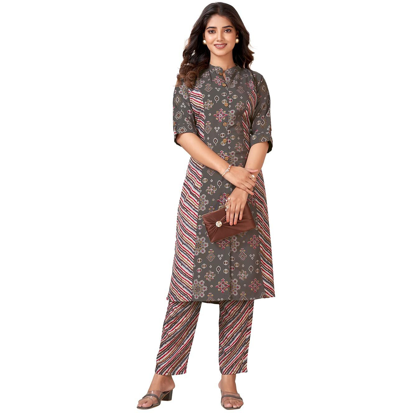 Pratham Blue Women's Viscose Rayon Straight Kurta With Palazzos |Kurta Set For Women |Women Kurta|Women Printed Kurta Sets Kurtis (Pb-6240-S_Grey Color)
