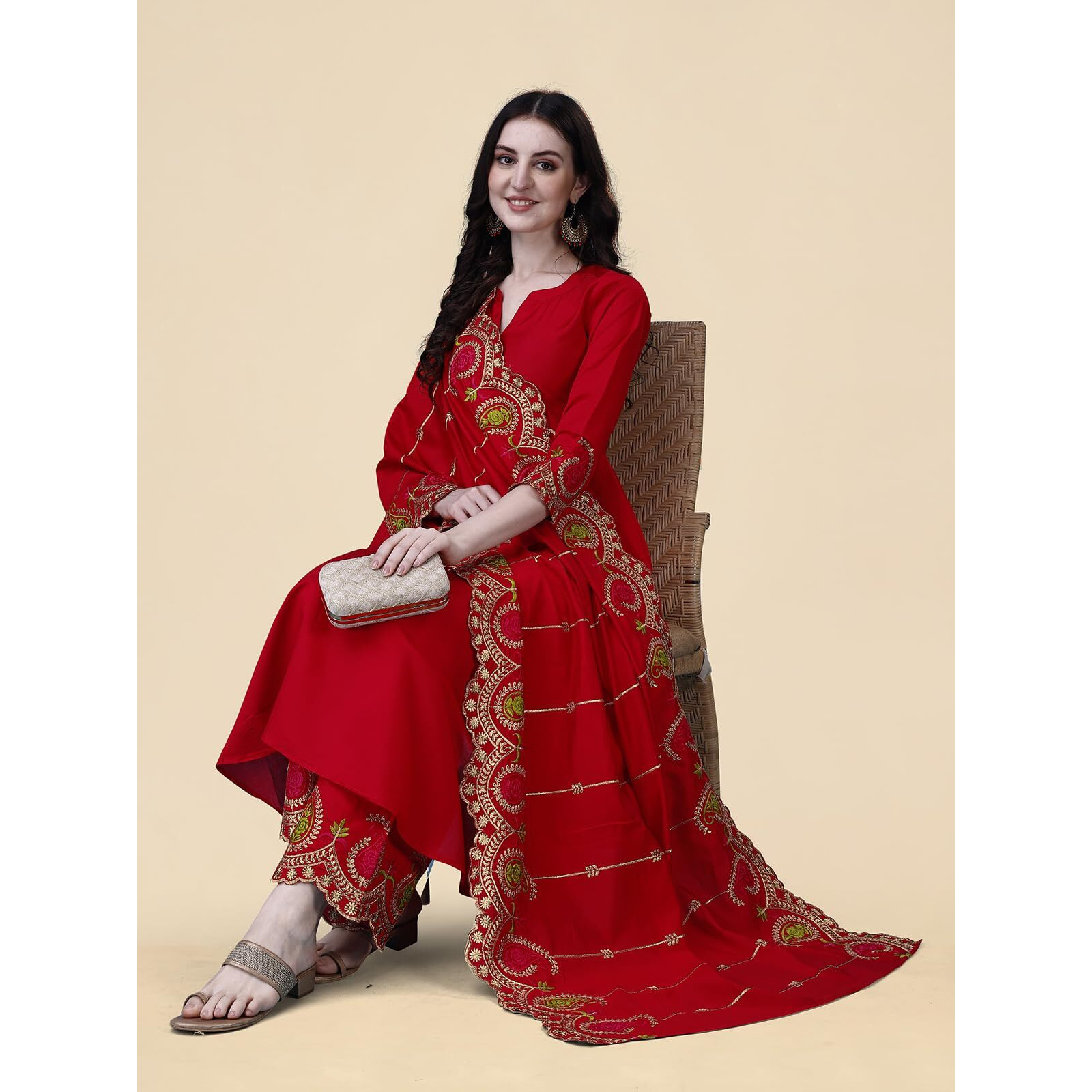 Pratham Blue Women's Silk Embroidered Anarkali Kurta With Palazzos And Dupatta (Pb-6149-S_Red)