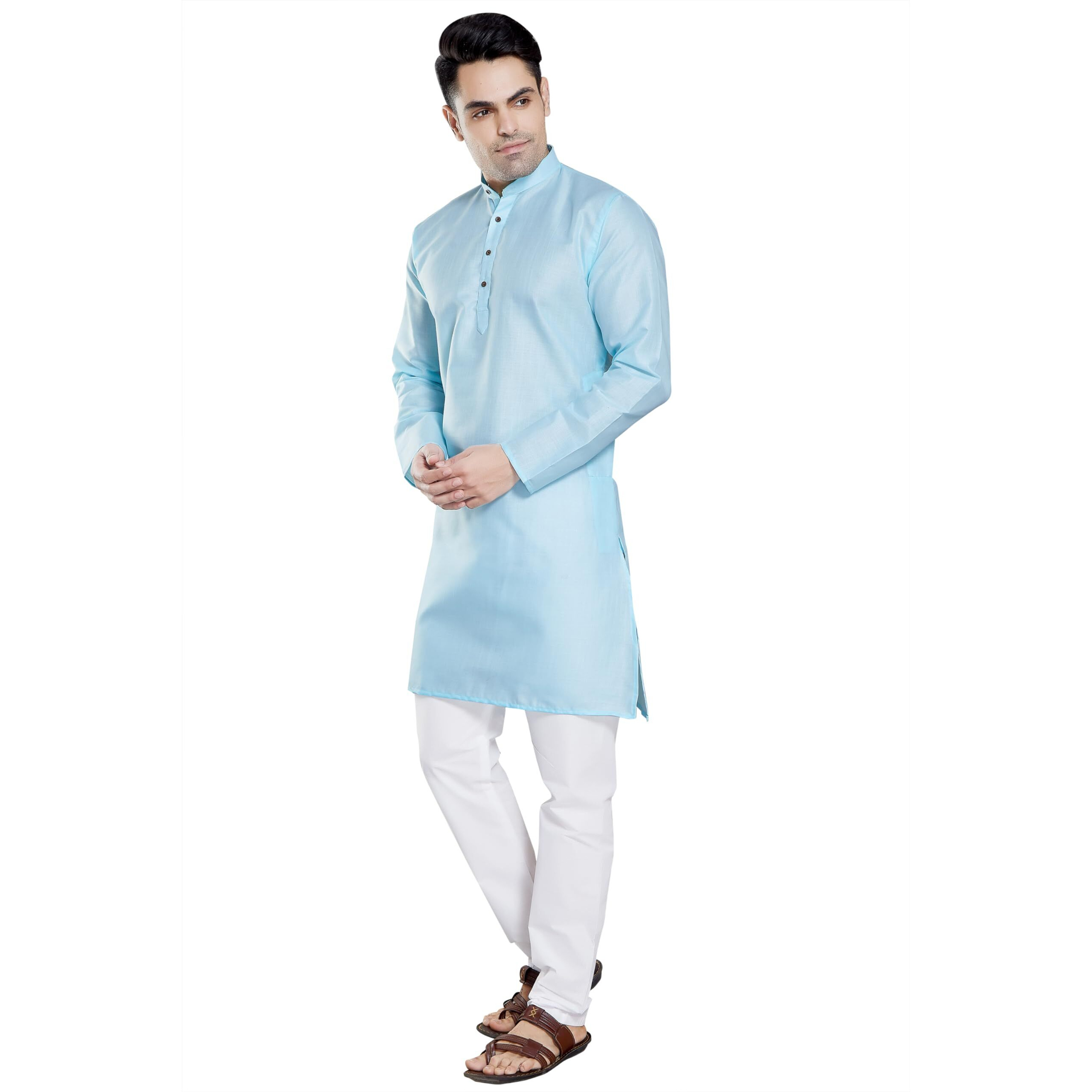 Divisive Men's Plain Cotton Blend Linen Slim Fit Kurta Pyjama Set (Dkrt74_S_Lt Turquoise)