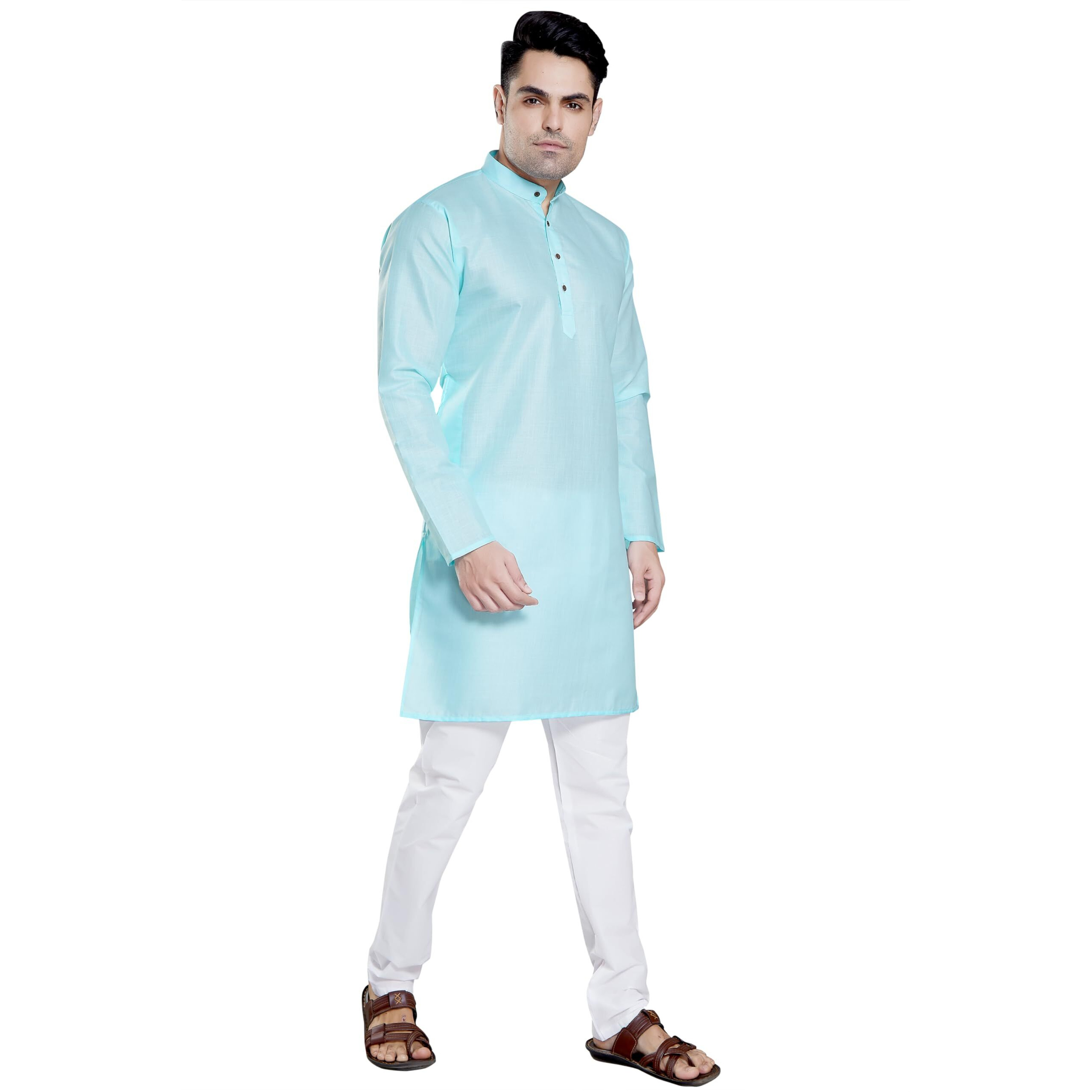 Divisive Men's Plain Cotton Blend Linen Slim Fit Kurta Pyjama Set (Dkrt74_S_Lt Turquoise)