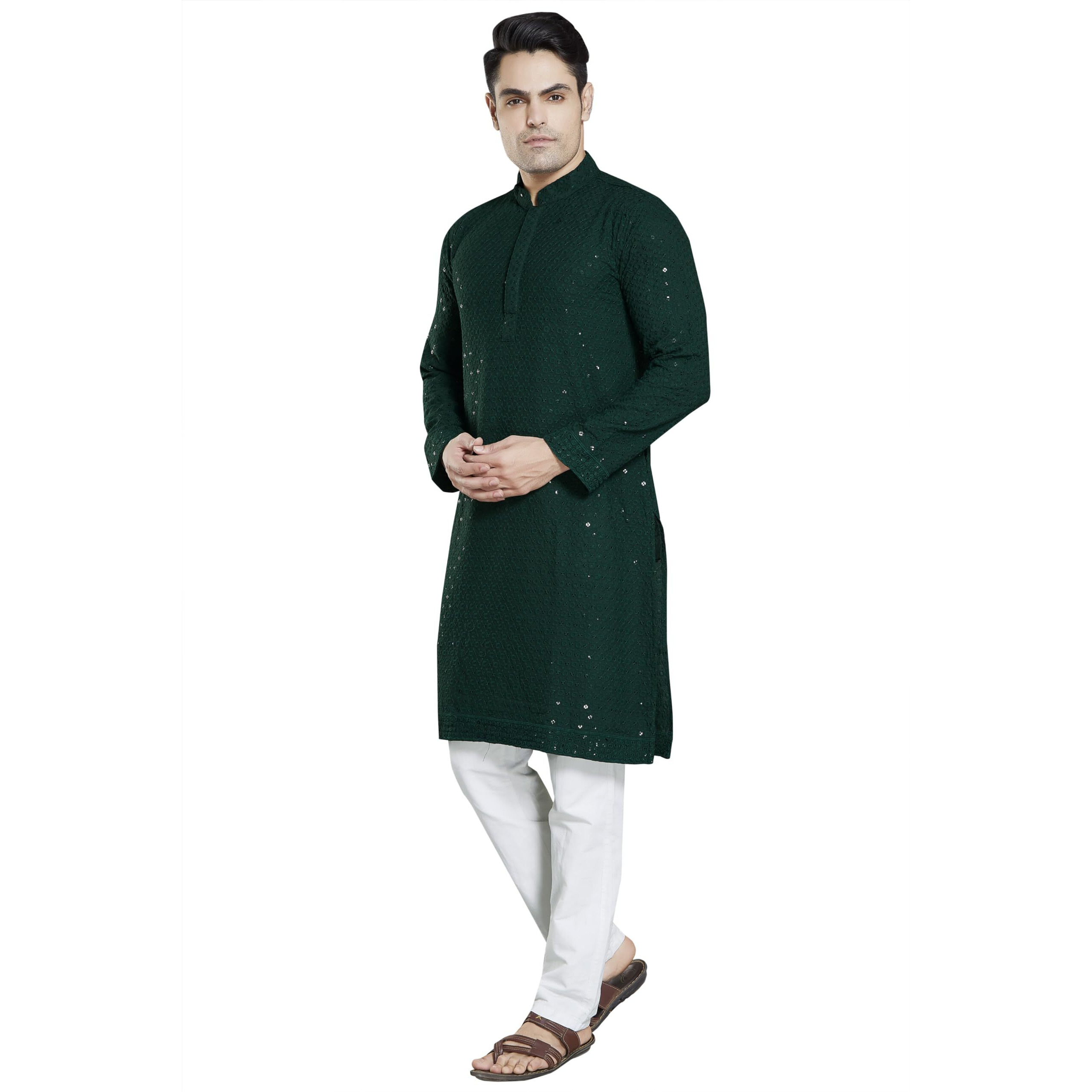 Divisive Men's Sequince Embroidered Cotton Blend Only Slim Fit Kurta (Dkrt18_S_Bottle Green)