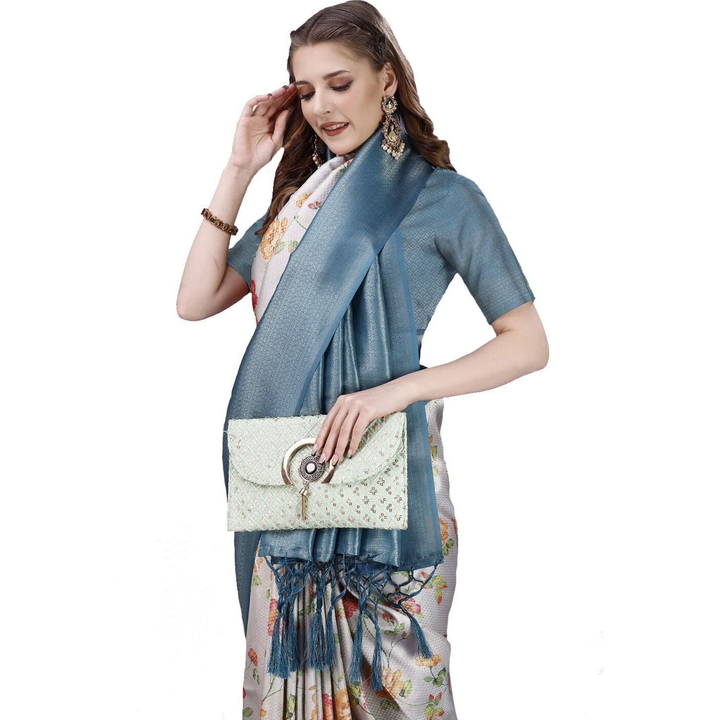 Pujia Mills Smooth Silk Saree For Women Indian Ethnic Wear Pure Silk Blend Zari Weaving Floral Digital Printed Smooth Silk Light Weight Morpeach Color Simple Saree Outfit