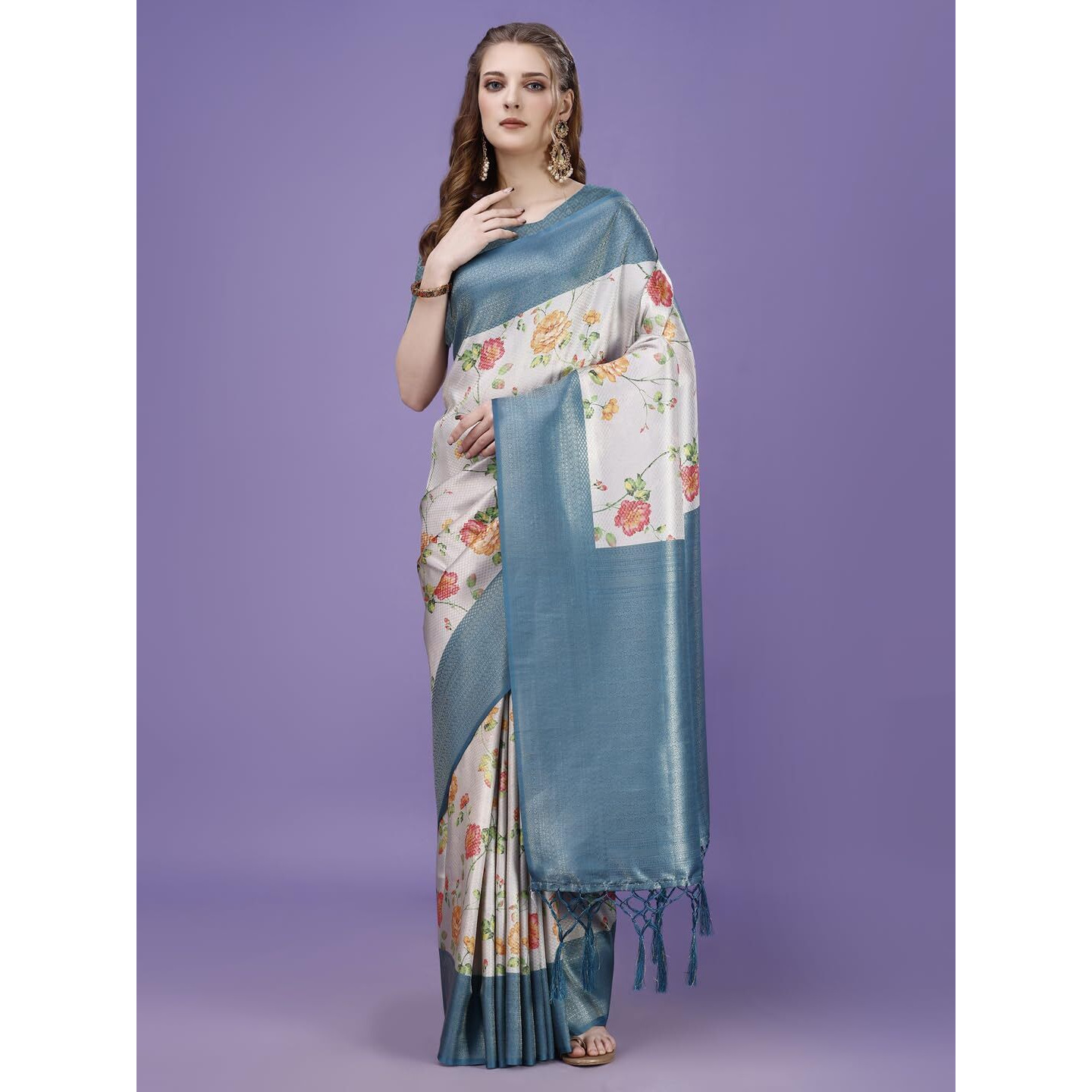 Pujia Mills Smooth Silk Saree For Women Indian Ethnic Wear Pure Silk Blend Zari Weaving Floral Digital Printed Smooth Silk Light Weight Morpeach Color Simple Saree Outfit