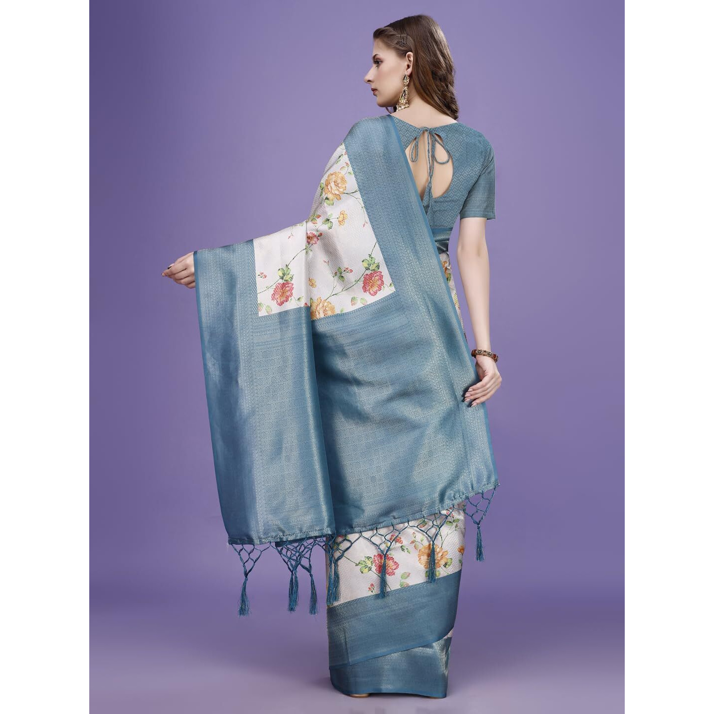 Pujia Mills Smooth Silk Saree For Women Indian Ethnic Wear Pure Silk Blend Zari Weaving Floral Digital Printed Smooth Silk Light Weight Morpeach Color Simple Saree Outfit