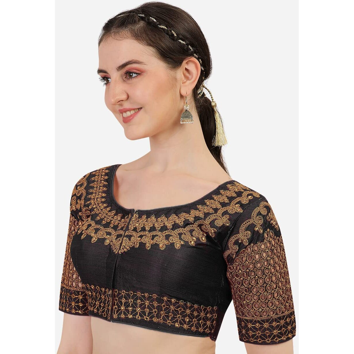 Pujia Mills Women's Phantom Silk Floral Half Sleeve Saree Blouse (Jali Blouse Variation_Black_38 Size+Margin)