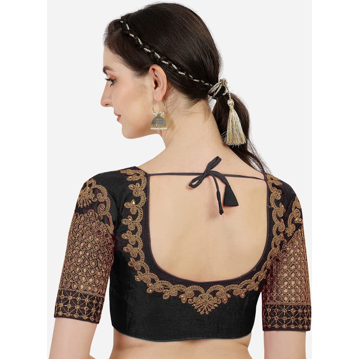 Pujia Mills Women's Phantom Silk Floral Half Sleeve Saree Blouse (Jali Blouse Variation_Black_38 Size+Margin)