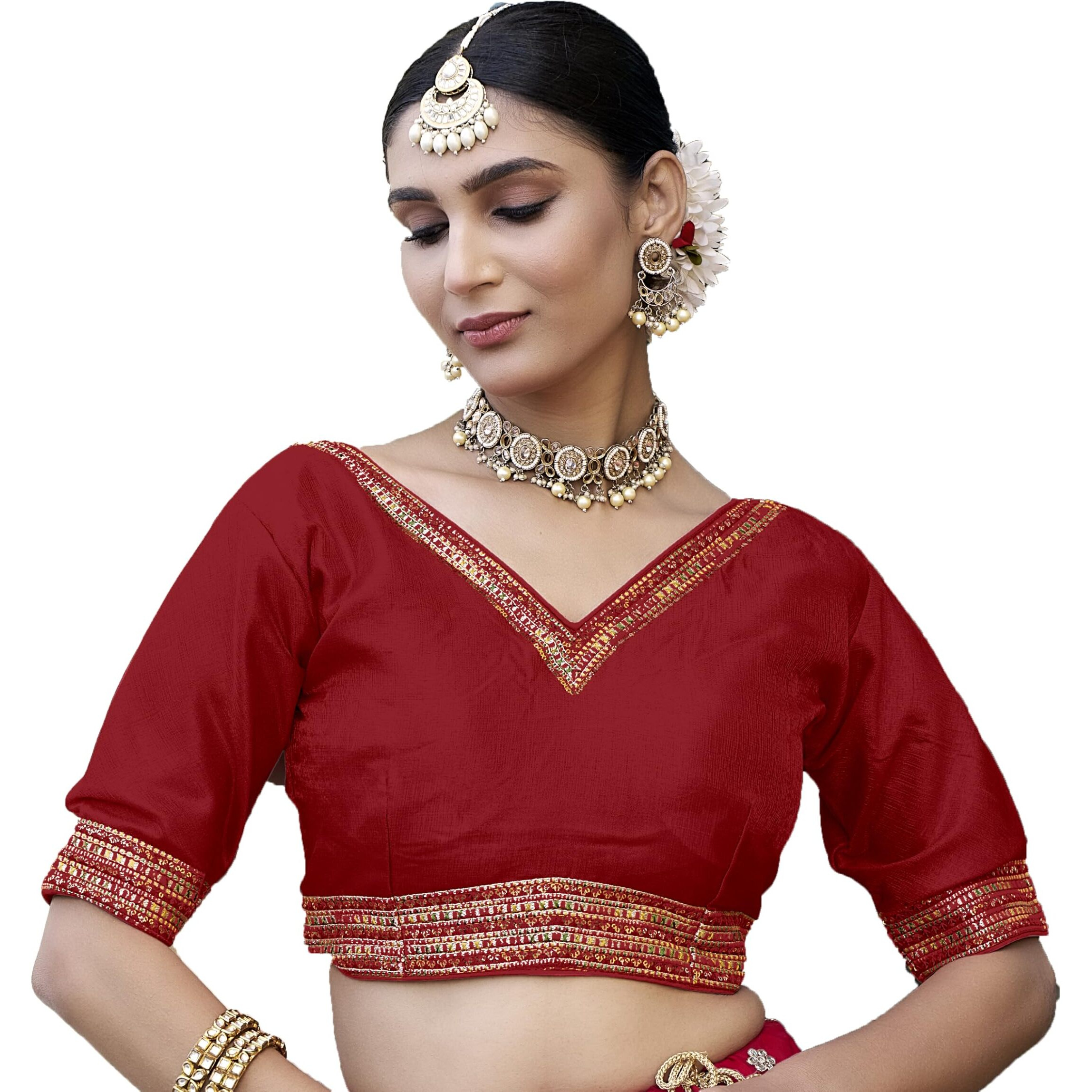 Pujia Mills Women's Milan Silk Readymade Wine Blouse Half Sleeves Embroidery Aari Work Saree Choli