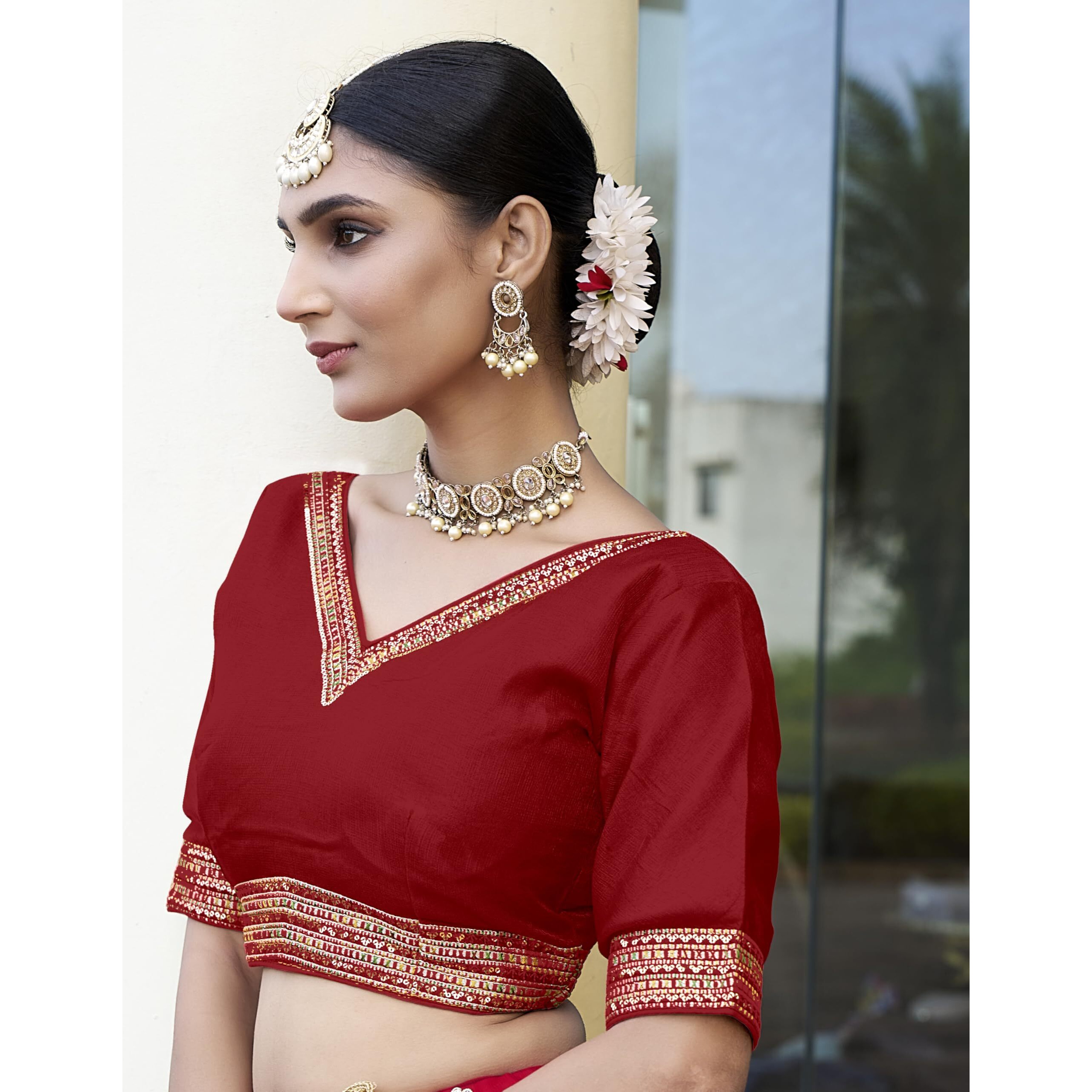 Pujia Mills Women's Milan Silk Readymade Wine Blouse Half Sleeves Embroidery Aari Work Saree Choli