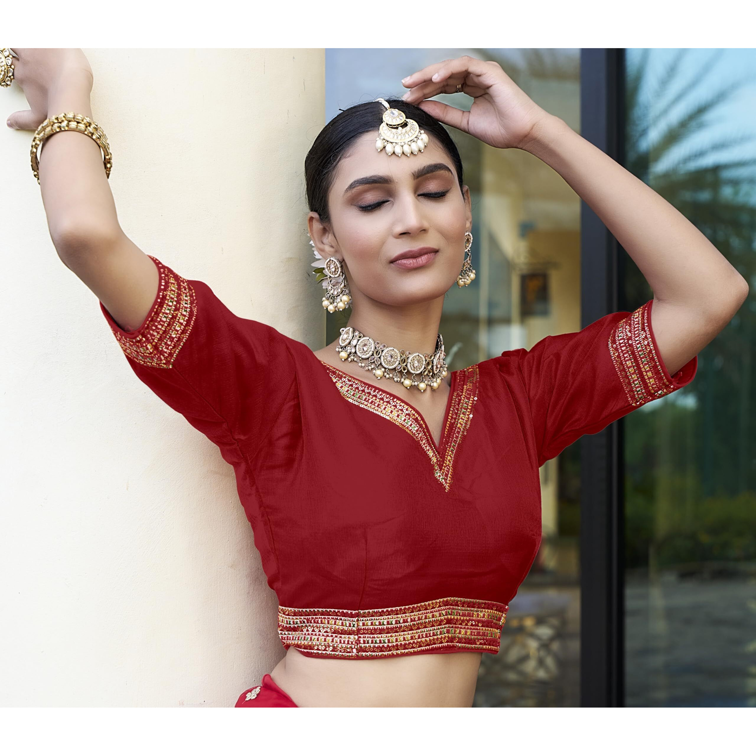 Pujia Mills Women's Milan Silk Readymade Wine Blouse Half Sleeves Embroidery Aari Work Saree Choli