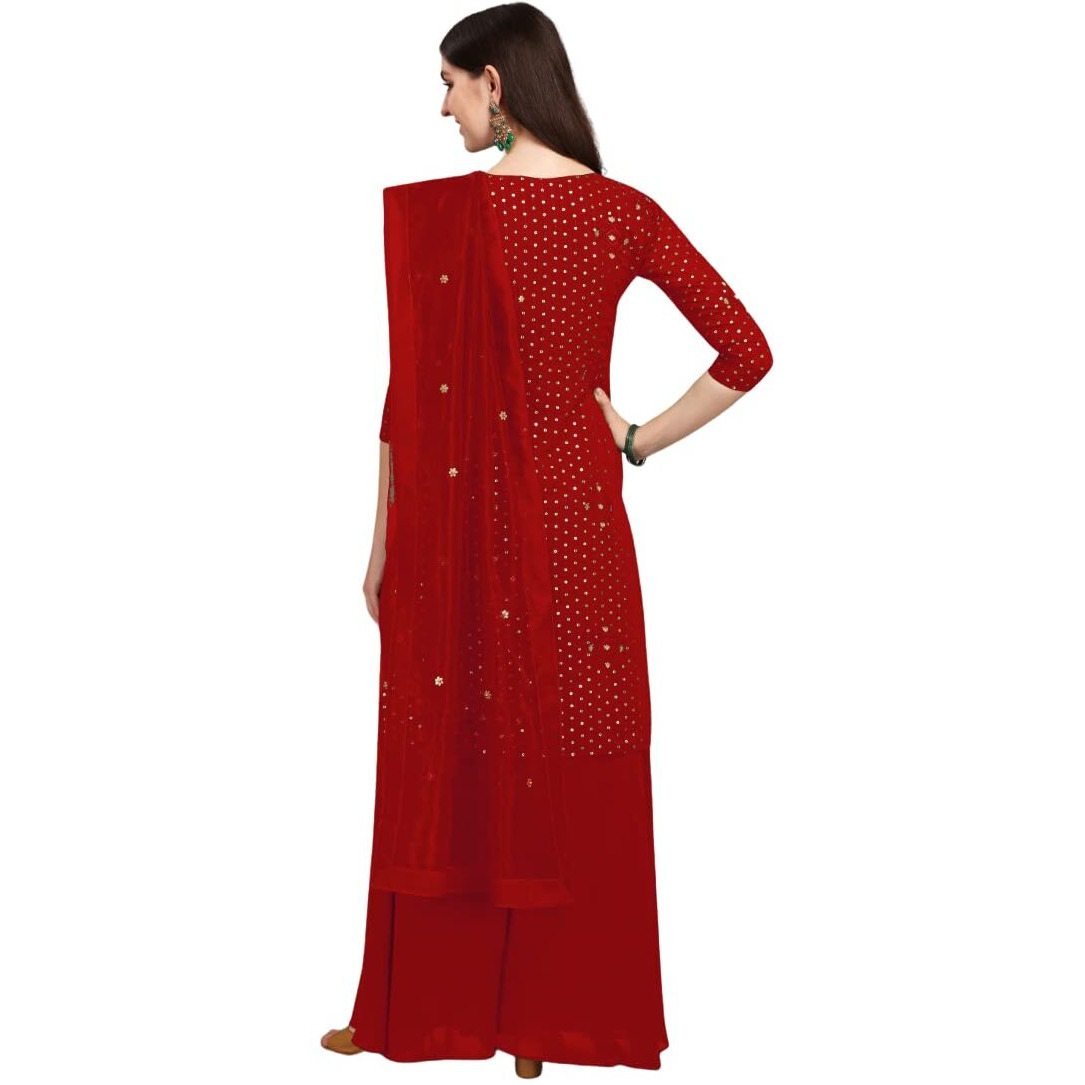 Fashion Basket Women's Georgette Red Kurta With Sharara And Dupatta Set