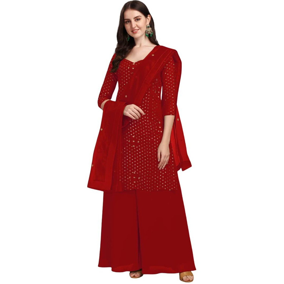 Fashion Basket Women's Georgette Red Kurta With Sharara And Dupatta Set