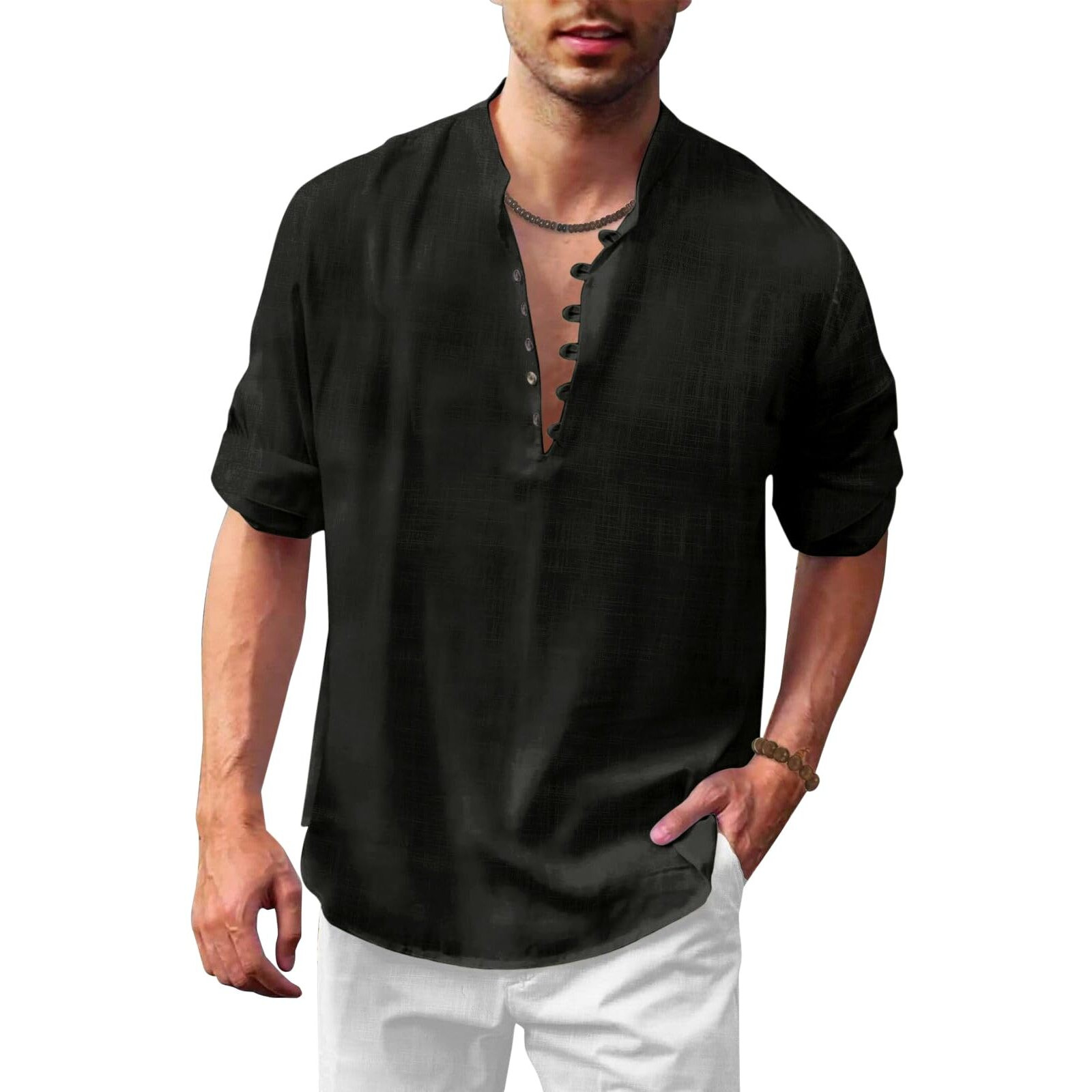 Royalscout Men's Solid Cotton Blend Straight Kurta Shirt | Regular Fit Full Sleeve Short Kurta Black