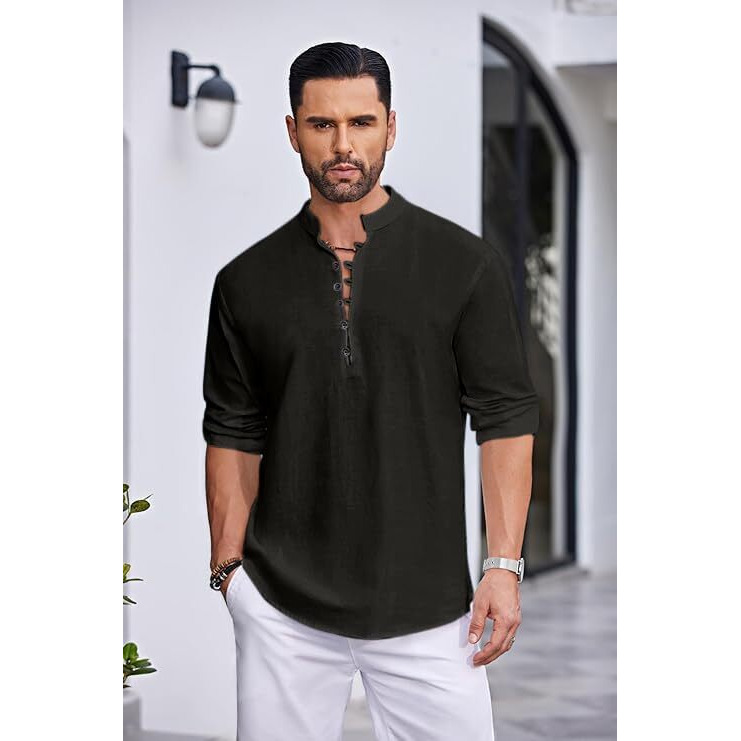 Royalscout Men's Solid Cotton Blend Straight Kurta Shirt | Regular Fit Full Sleeve Short Kurta Black