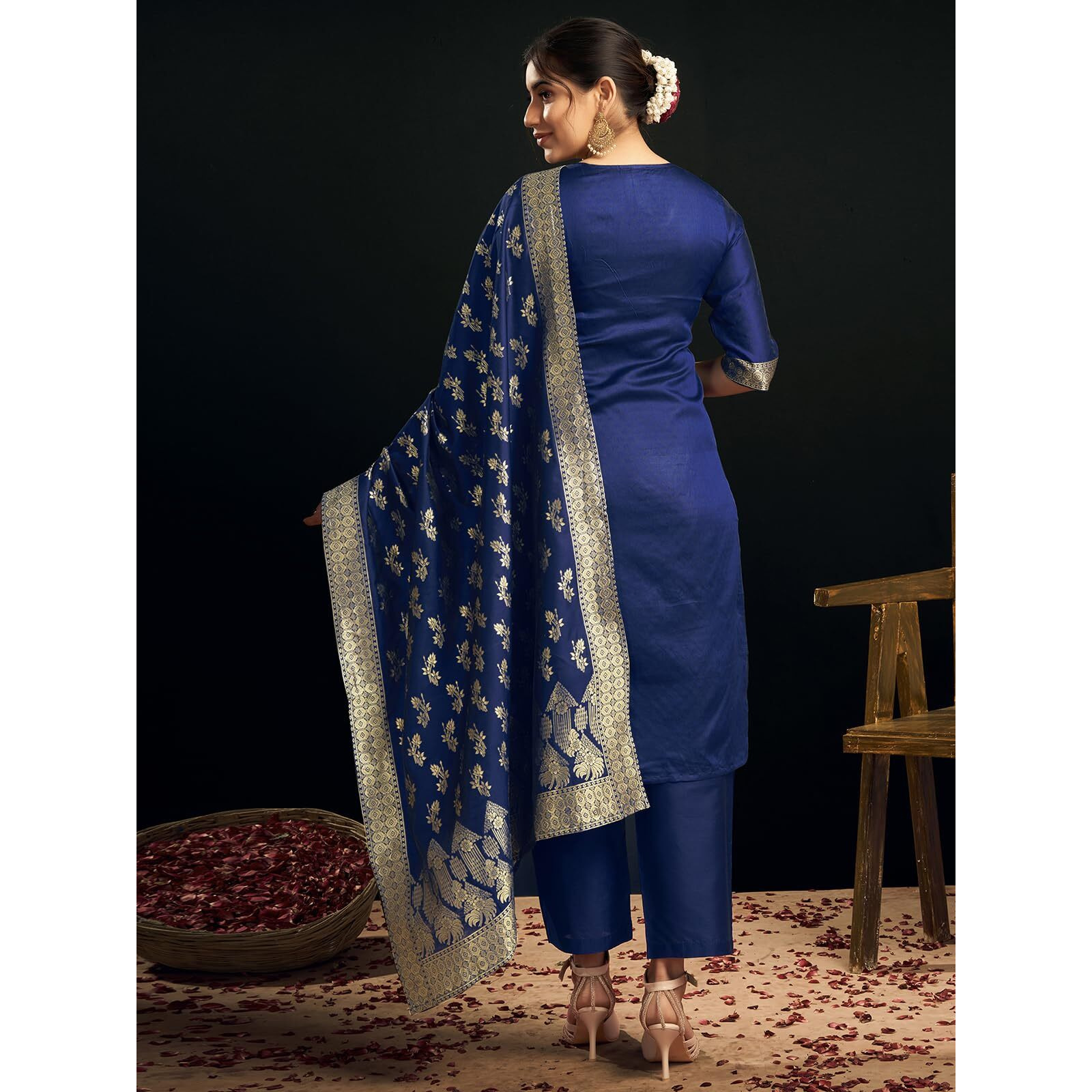 Sanisa Women's Silk Blend Jacquard Work Straight Kurta With Pant And Dupatta Set (135Kbd1451N-S_Navy Blue & Golden)