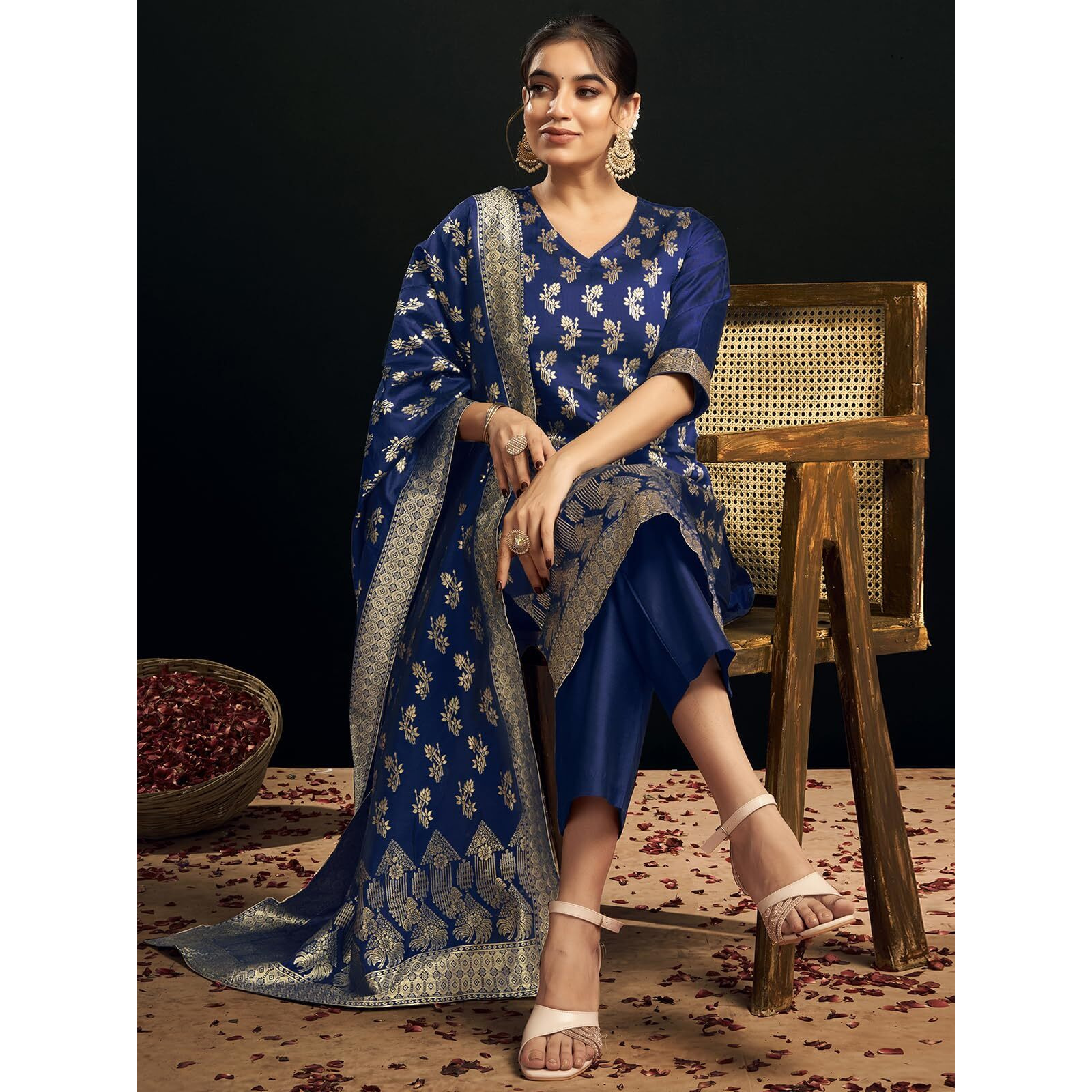 Sanisa Women's Silk Blend Jacquard Work Straight Kurta With Pant And Dupatta Set (135Kbd1451N-S_Navy Blue & Golden)