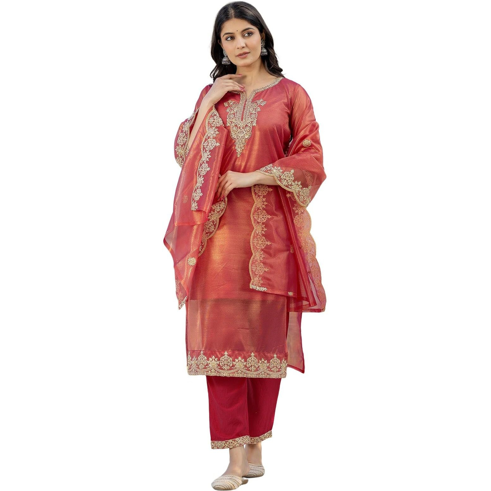 Sanisa Women's Shimmer Net Embroidery And Sequins Work Straight Kurta With Pant And Dupatta Set (227Kbd2403N-Xl_Rani Pink & Golden)