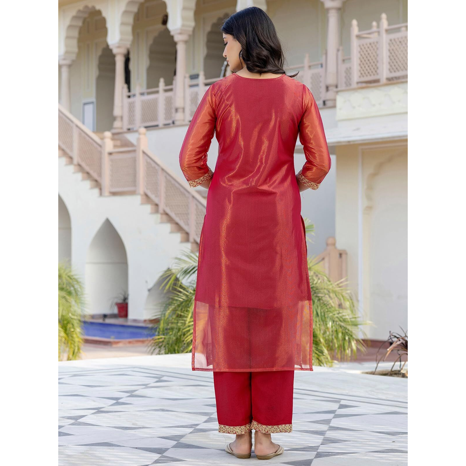 Sanisa Women's Shimmer Net Embroidery And Sequins Work Straight Kurta With Pant And Dupatta Set (227Kbd2403N-Xl_Rani Pink & Golden)