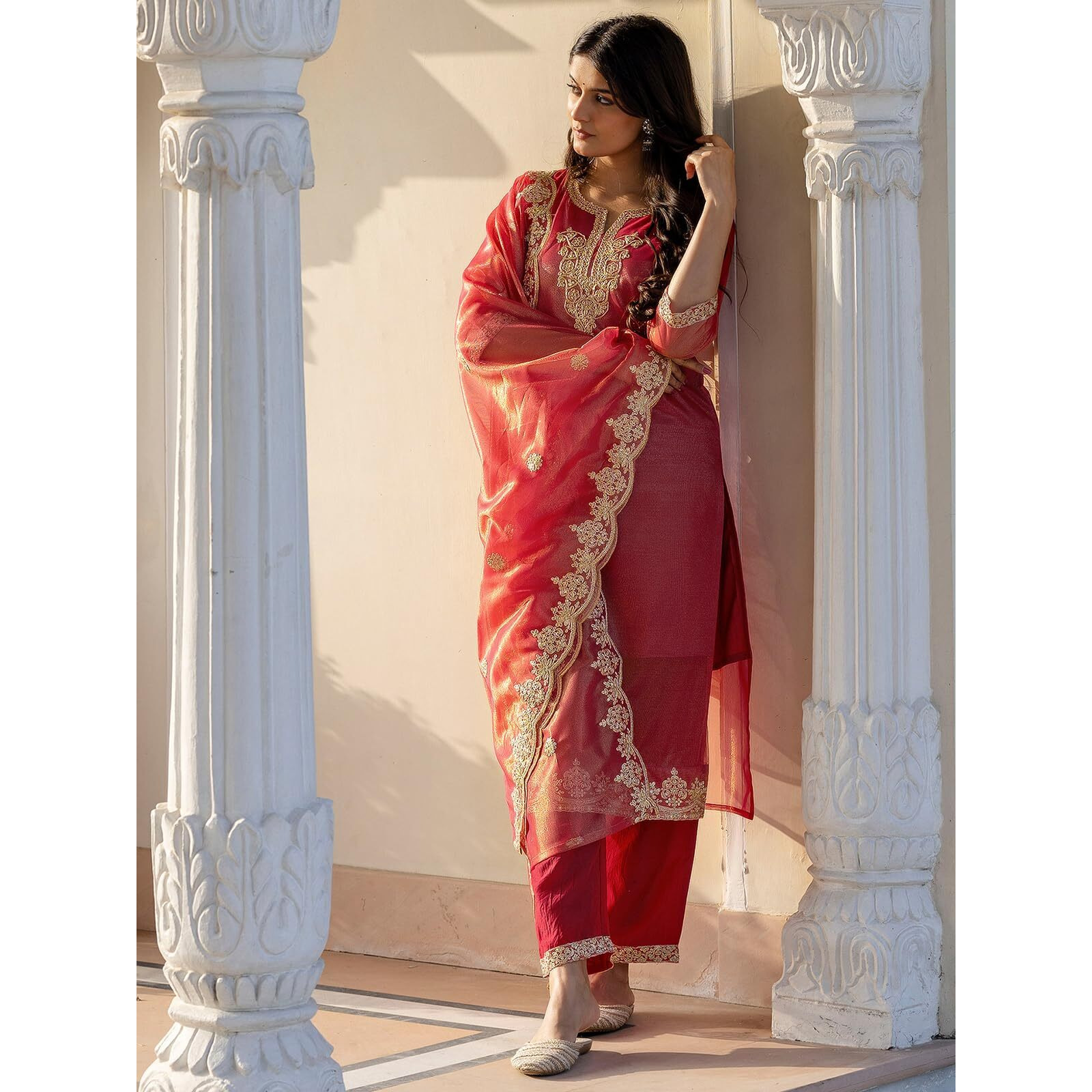 Sanisa Women's Shimmer Net Embroidery And Sequins Work Straight Kurta With Pant And Dupatta Set (227Kbd2403N-Xl_Rani Pink & Golden)