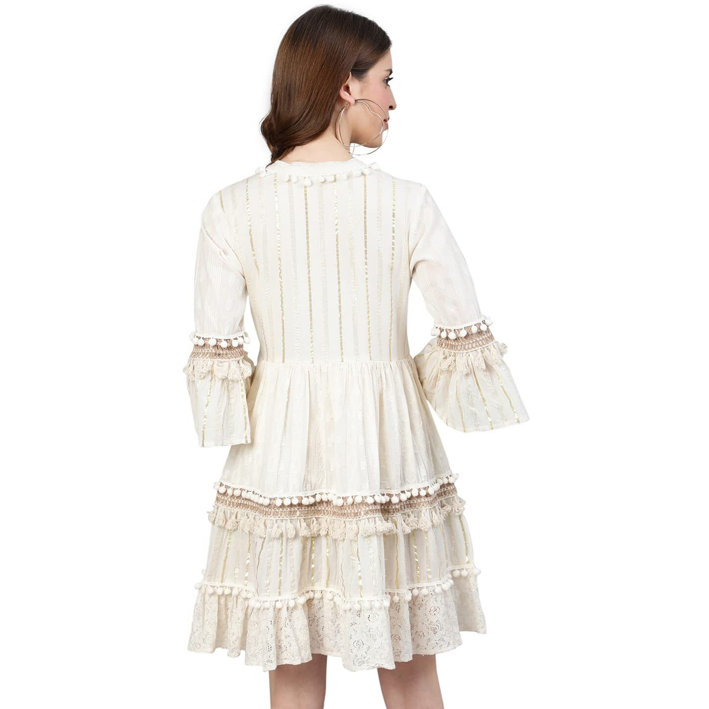 Ishin Women's Off White Pure Cotton Zari Embroidered A-Line Dress