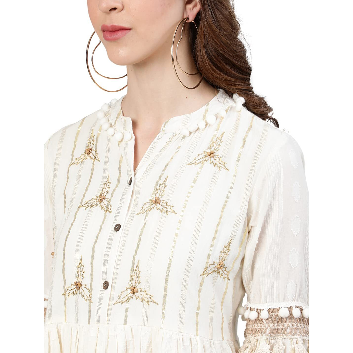 Ishin Women's Off White Pure Cotton Zari Embroidered A-Line Dress