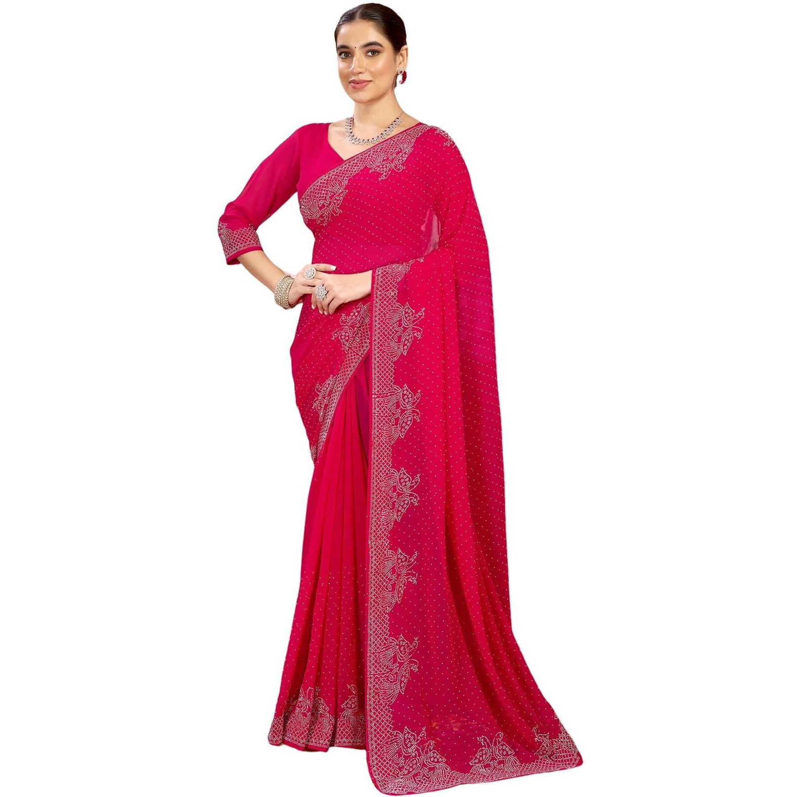 Satrani Women's Georgette Stone Work Saree With Unstitched Blouse Piece (4085S191N_Dark Pink1)
