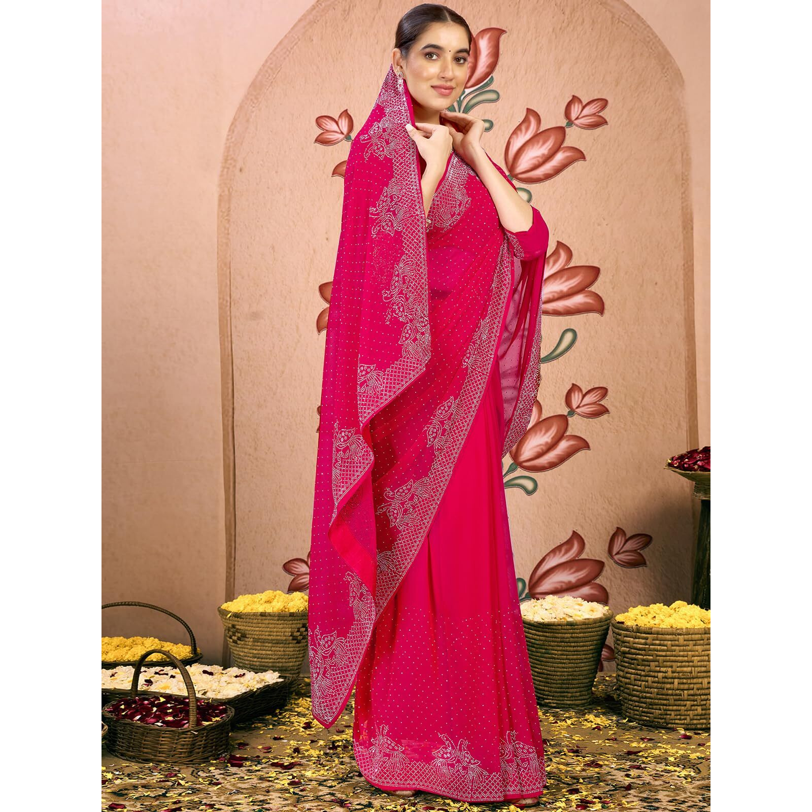 Satrani Women's Georgette Stone Work Saree With Unstitched Blouse Piece (4085S191N_Dark Pink1)