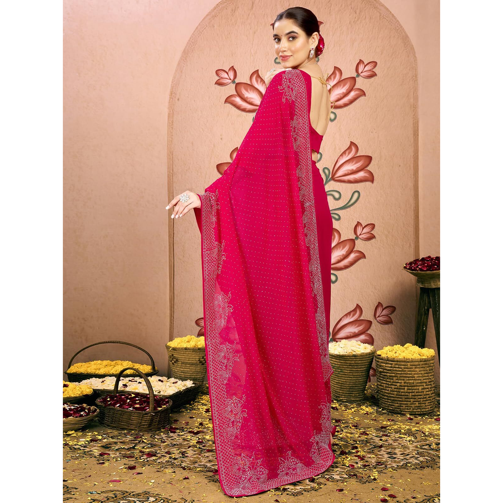 Satrani Women's Georgette Stone Work Saree With Unstitched Blouse Piece (4085S191N_Dark Pink1)