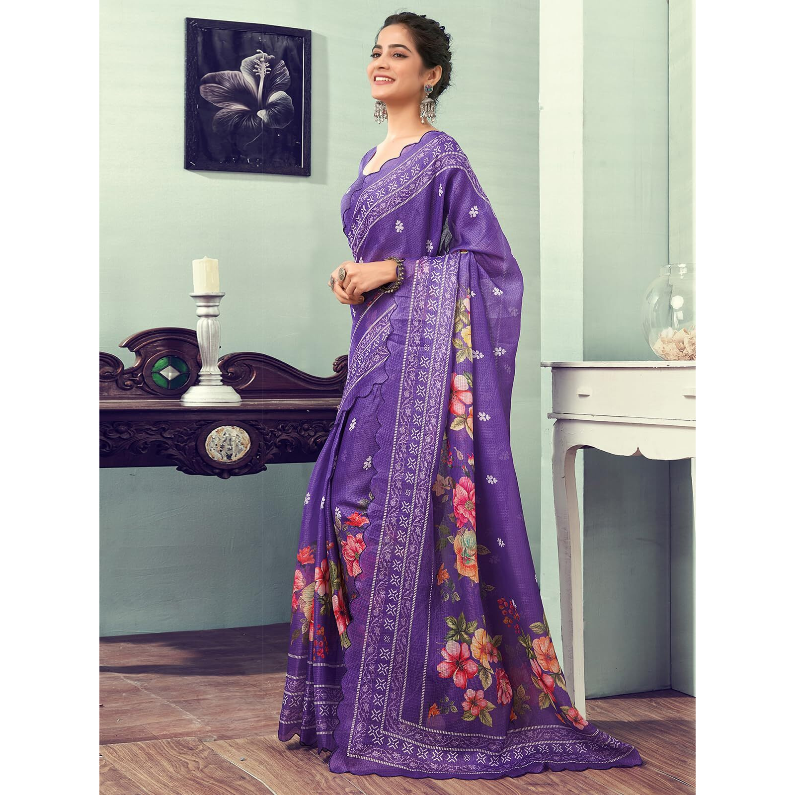 Satrani Women's Kota Doriya Floral Printed Scalloped Border Pre Draped Ready To Wear One Minute Saree With Unstitched Blouse Piece (27Rs244N_Purple)