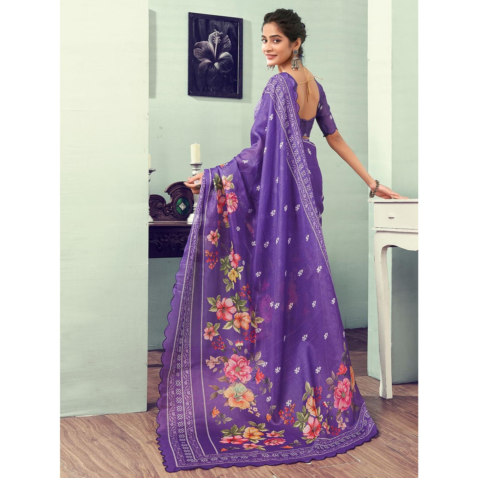 Satrani Women's Kota Doriya Floral Printed Scalloped Border Pre Draped Ready To Wear One Minute Saree With Unstitched Blouse Piece (27Rs244N_Purple)
