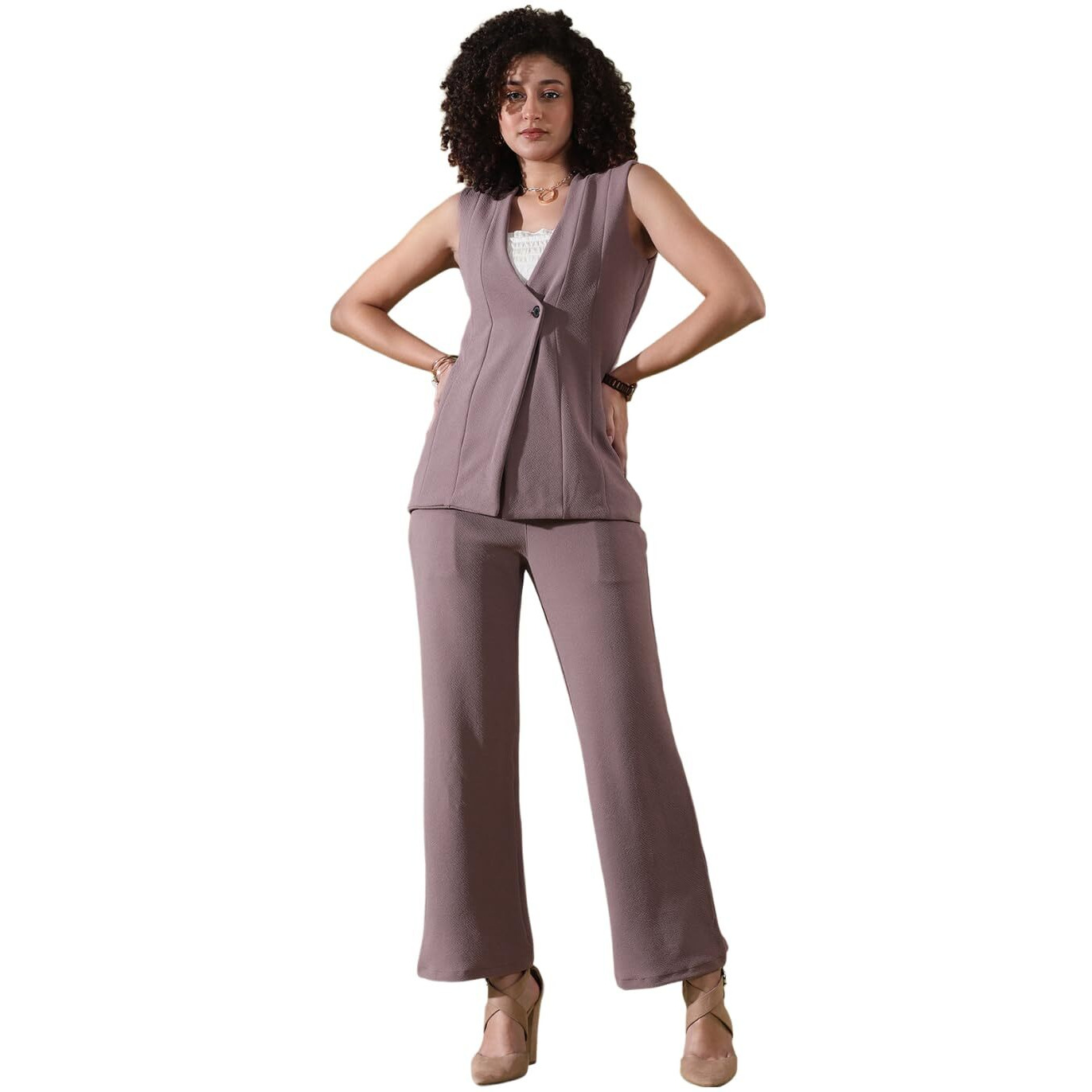 Selvia Women's Co-Ords Set|Sleeveless Lycra V-Neck Co-Ords Set|Top & Trouser Co-Ords Set|2 Piece Co-Ord Set|Coat-Pant Set|Formal Co-Ords Set (646Ctk11305N-S_Mauve)