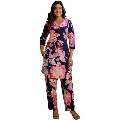Selvia Women's Cotton Blend Co-Ords Ankle Length Dress (753Ctk8053N-S_Navy Blue & Multi