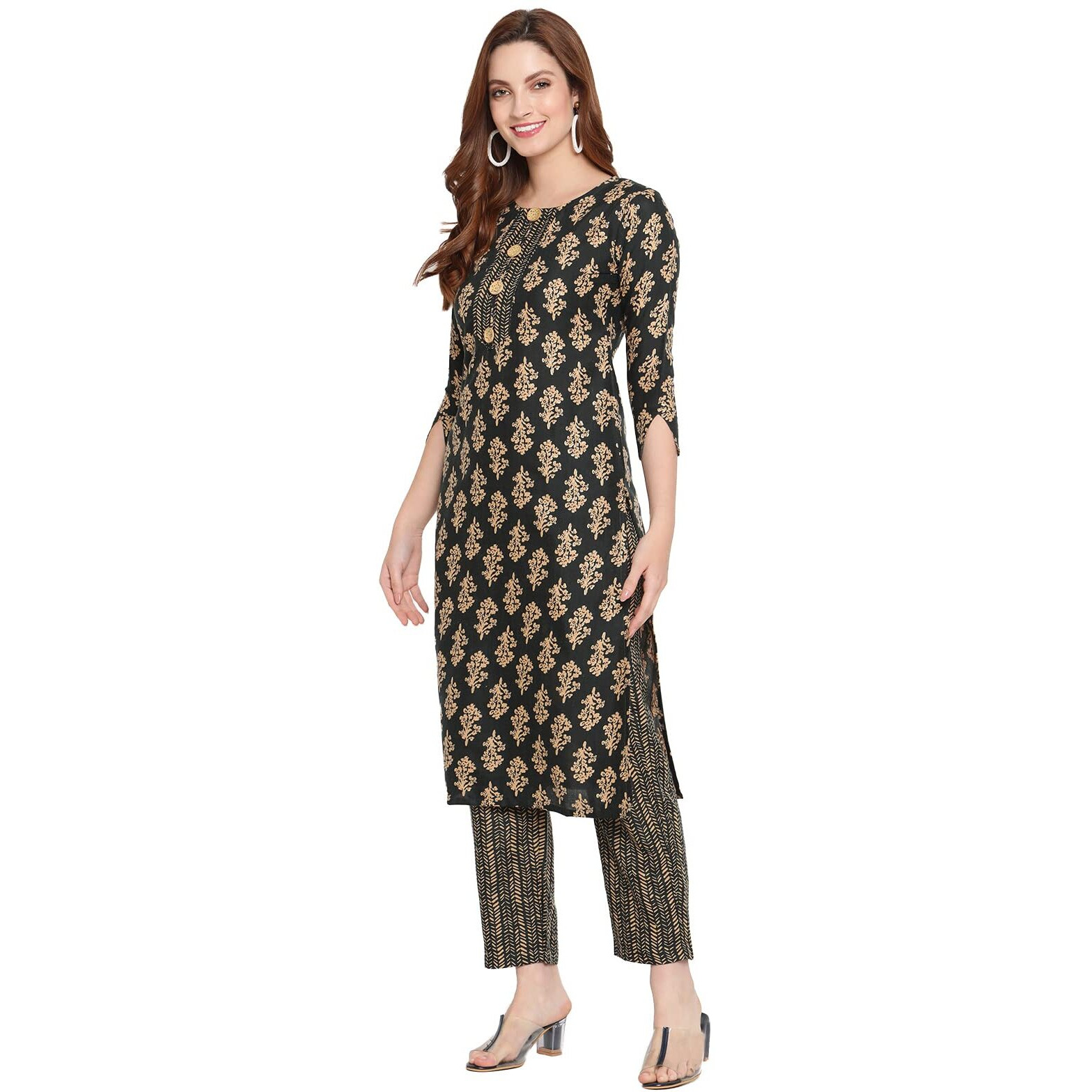 Shasmi Women's Bottle Green Cotton Straight Kurta With Checkered Trouser (Kurta 26 Bottle Green Xl)