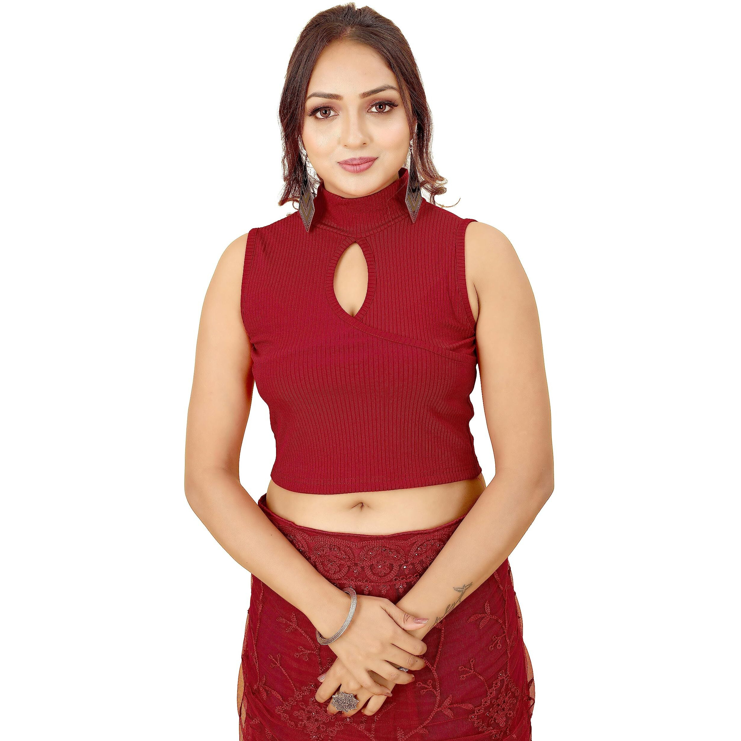 Shasmi Women's & Girls' Solid Ribbed High Neck Stand Collar Sleeveless Slim Fit Cut Out Blouse For Women (Blouse 43 Maroon L)