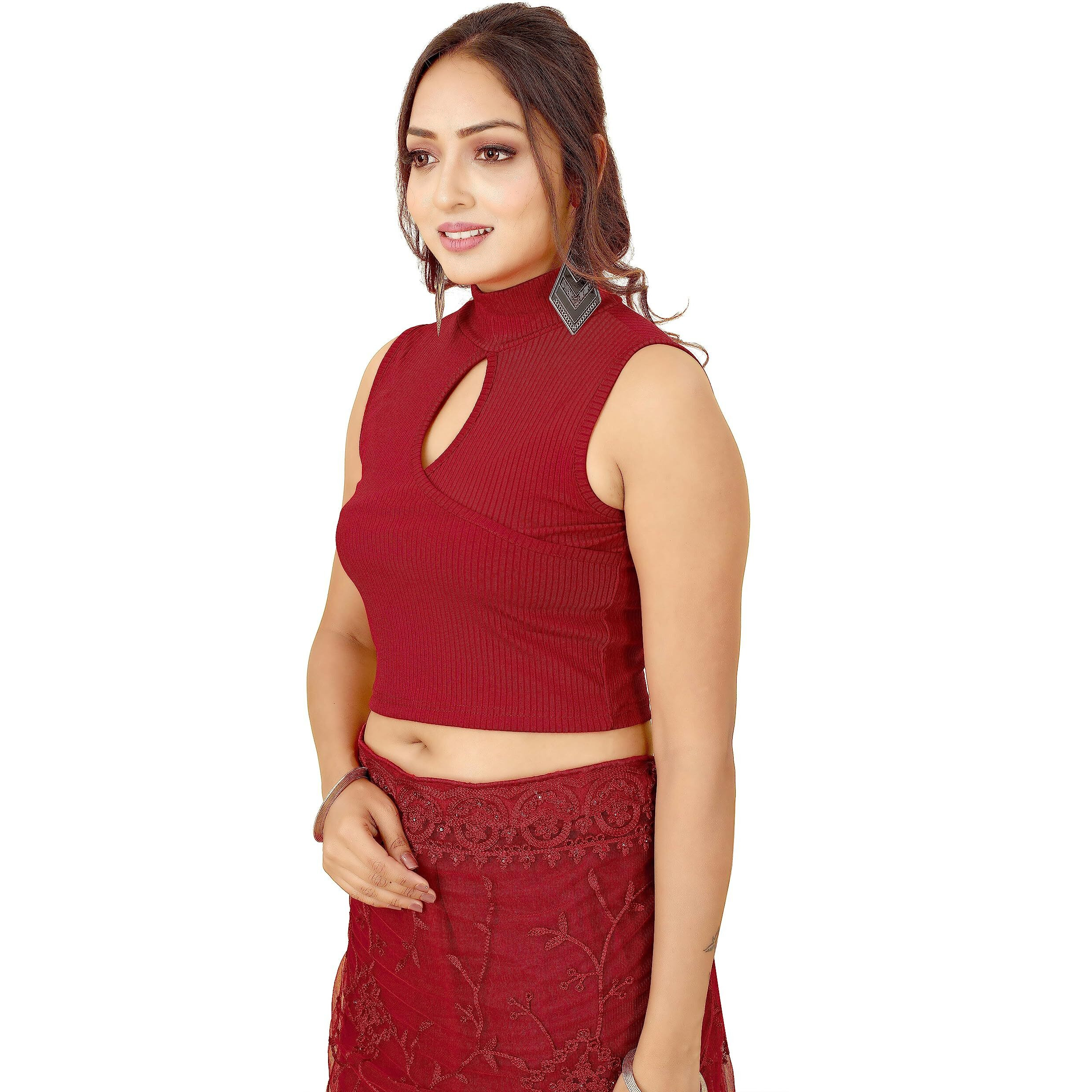 Shasmi Women's & Girls' Solid Ribbed High Neck Stand Collar Sleeveless Slim Fit Cut Out Blouse For Women (Blouse 43 Maroon L)