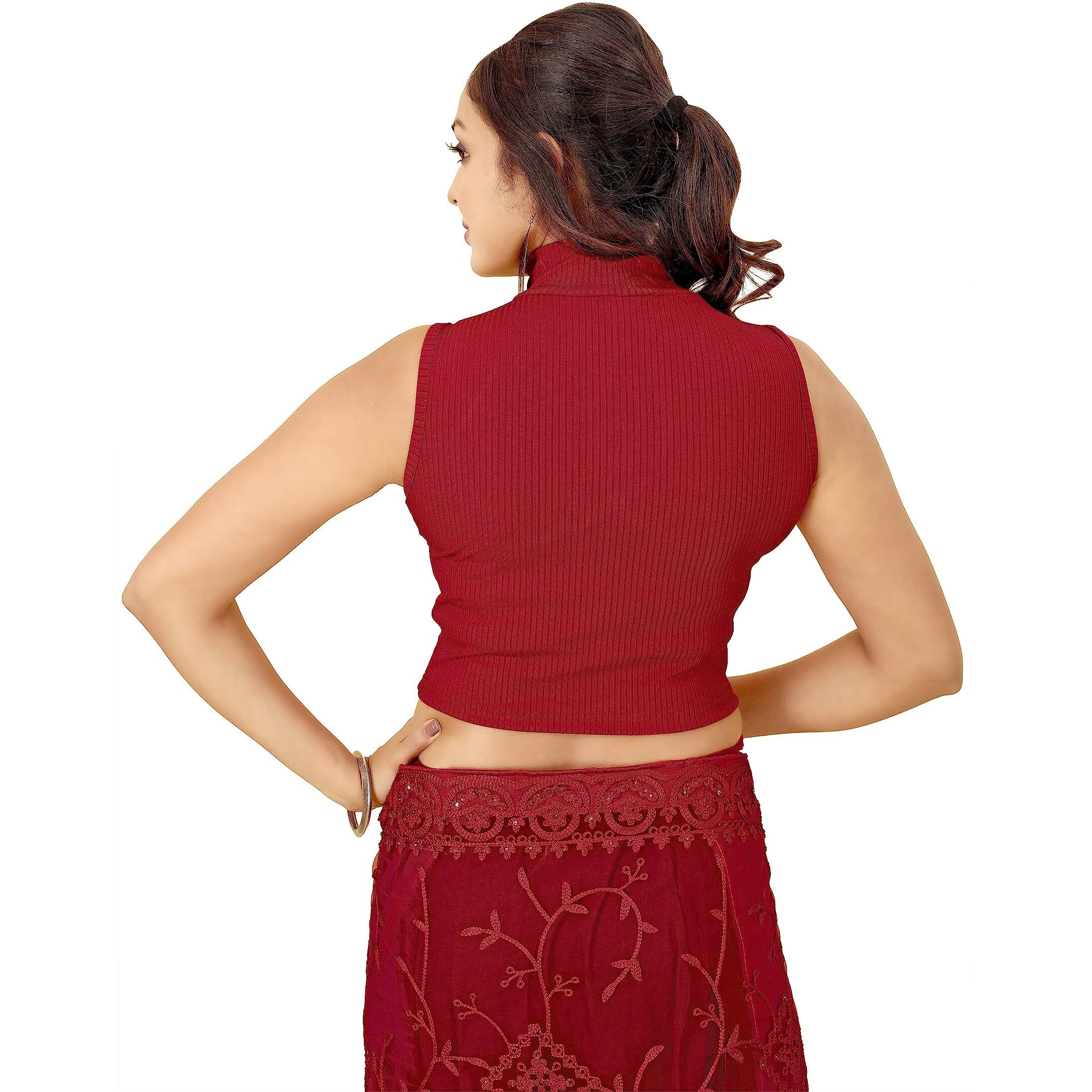 Shasmi Women's & Girls' Solid Ribbed High Neck Stand Collar Sleeveless Slim Fit Cut Out Blouse For Women (Blouse 43 Maroon L)