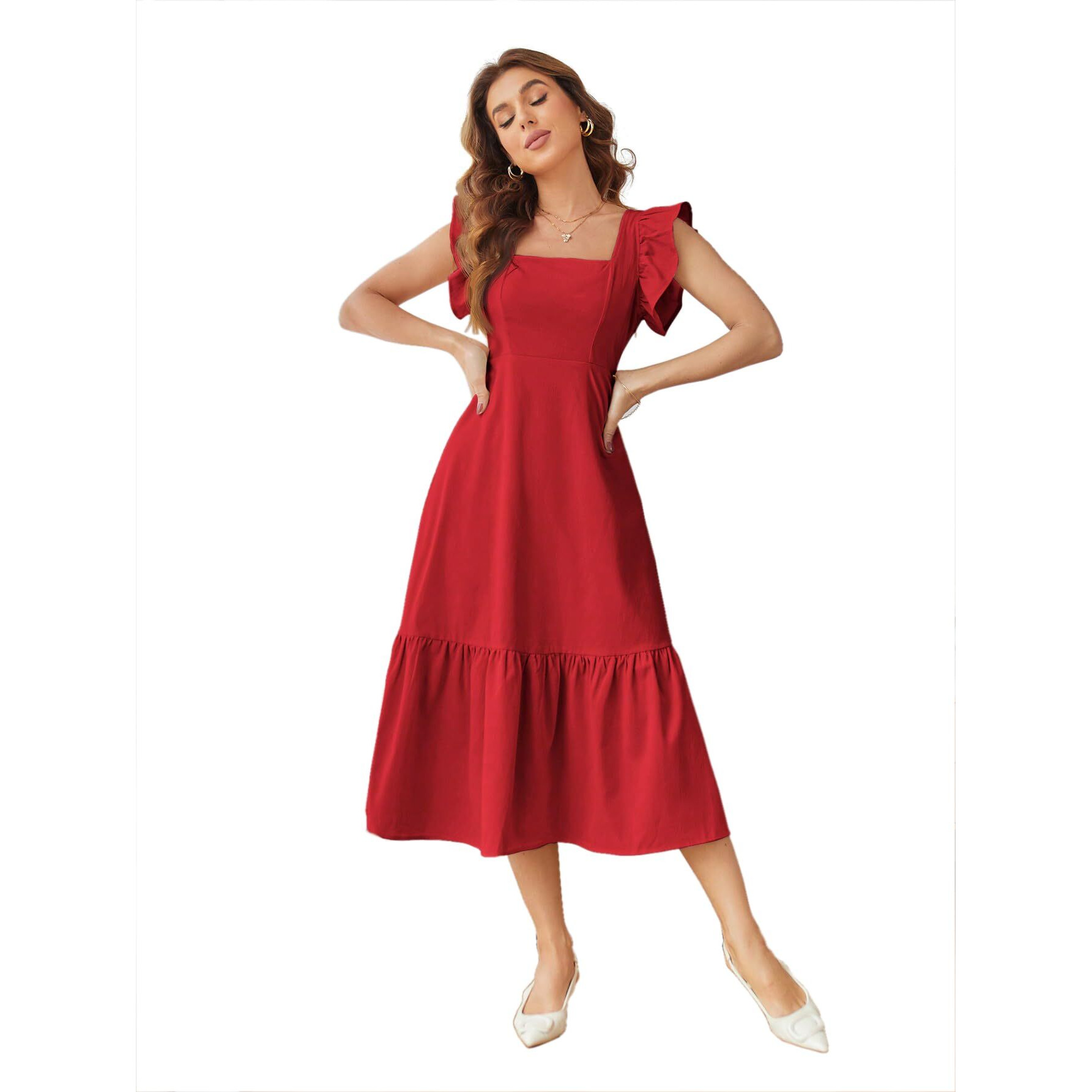 Shasmi Girl's & Women's Solid Red Color Square Neck, Ruffle-Trimmed Hem Sleeveless, Ruffle Armhole And Casual Dress With Cinched Waist Vacation Outfits Woman (Dress 162 Red-S)