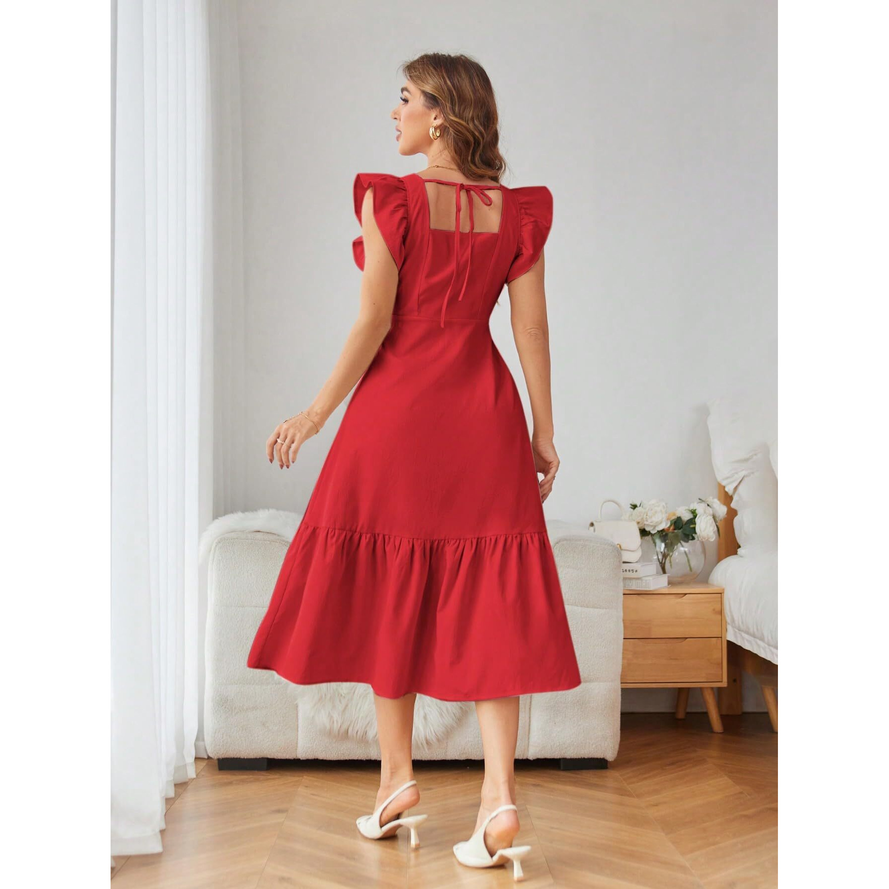 Shasmi Girl's & Women's Solid Red Color Square Neck, Ruffle-Trimmed Hem Sleeveless, Ruffle Armhole And Casual Dress With Cinched Waist Vacation Outfits Woman (Dress 162 Red-S)